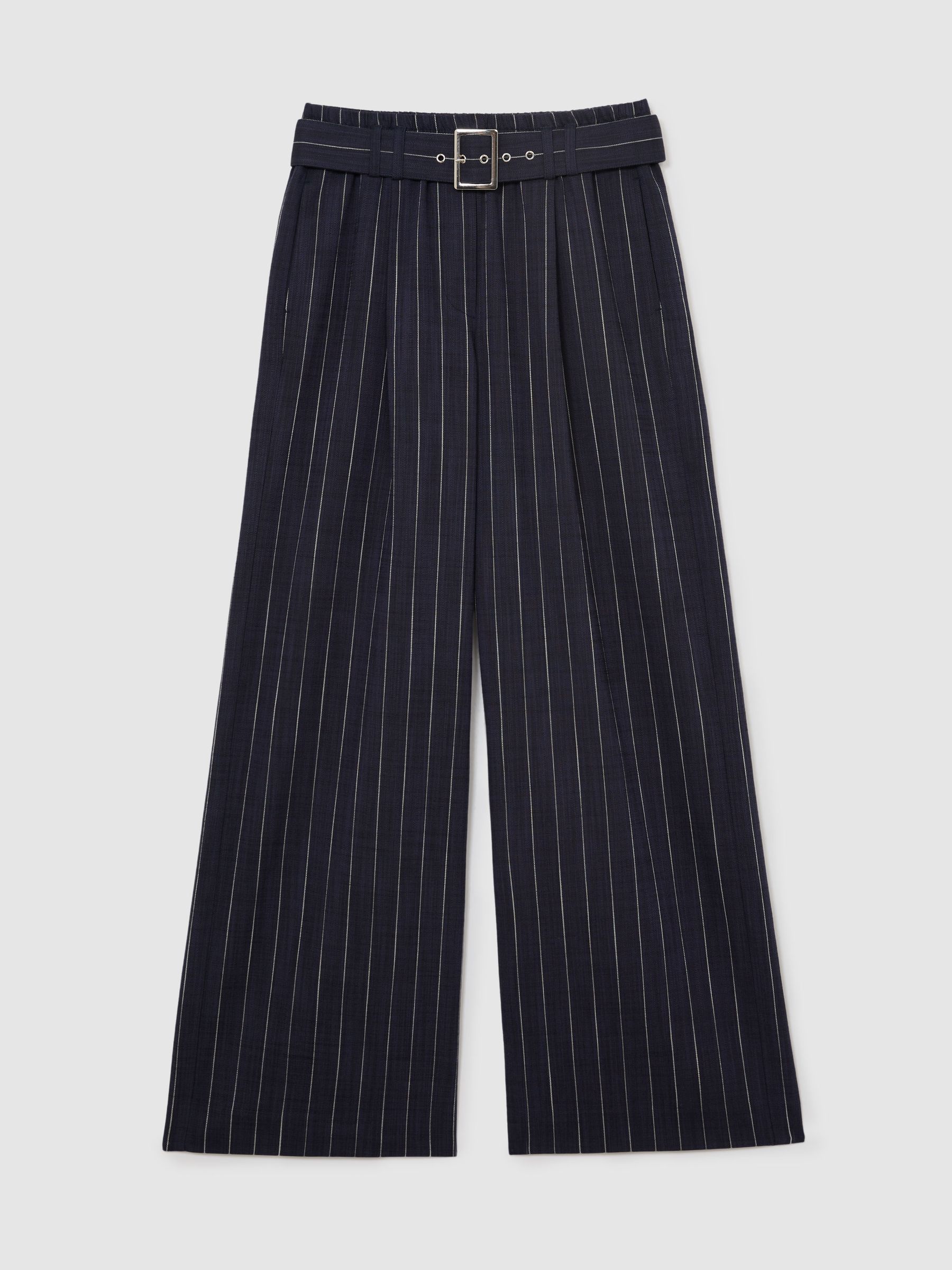 Pinstripe Belted Wide-Leg Trousers in Navy