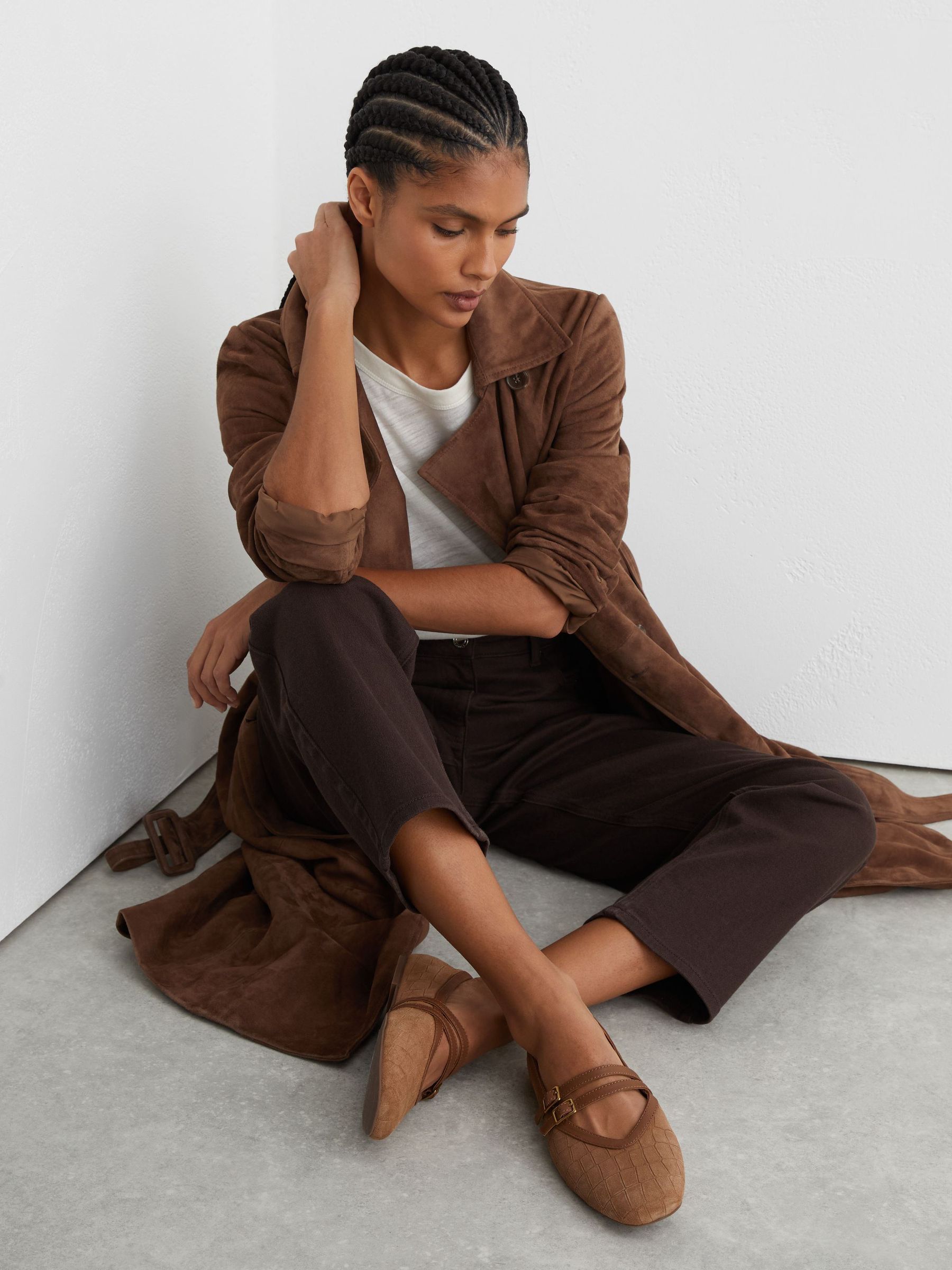 Suede Croc-Embossed Ballet Flats in Tan - Image 1 of 5