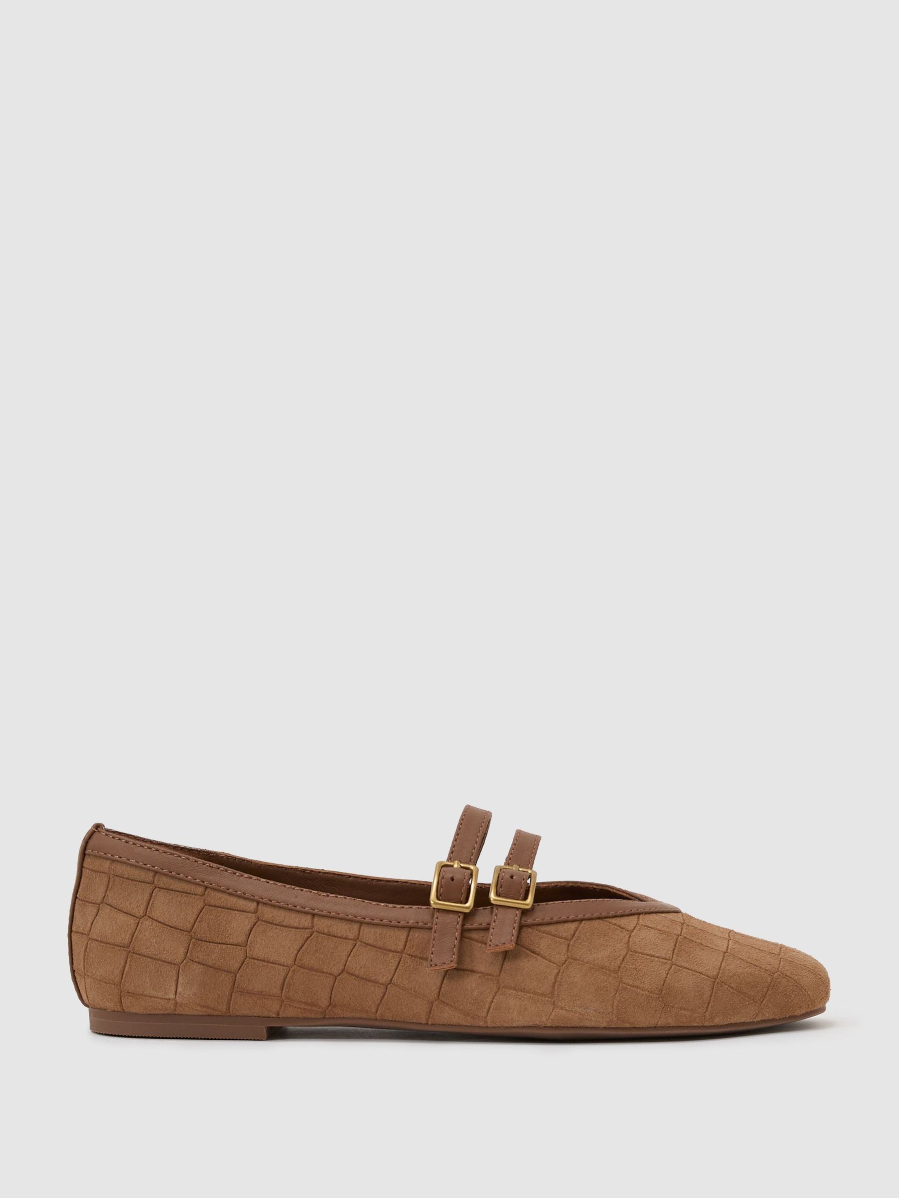 Suede Croc-Embossed Ballet Flats in Tan - Image 2 of 5
