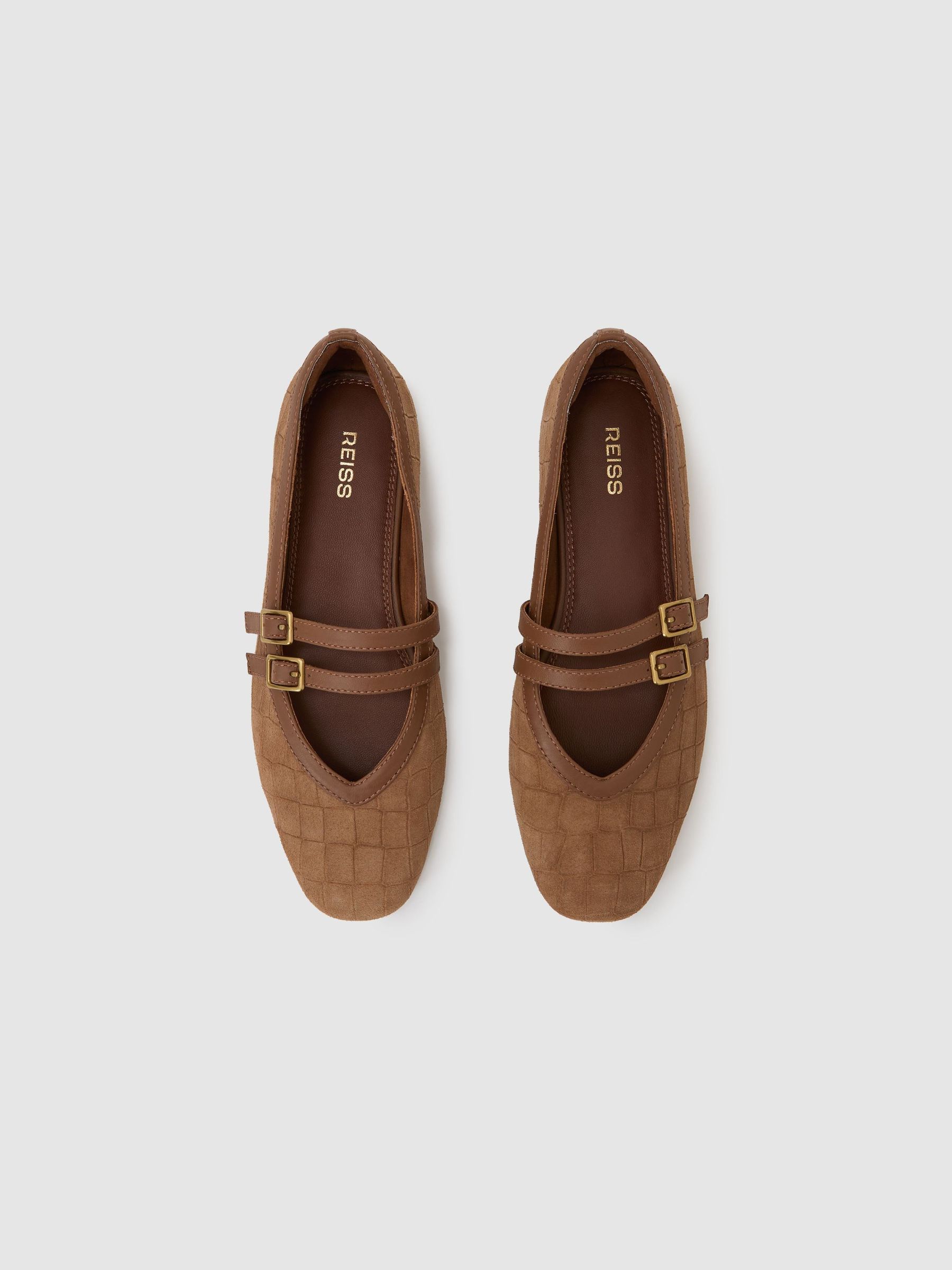 Suede Croc-Embossed Ballet Flats in Tan - Image 4 of 5