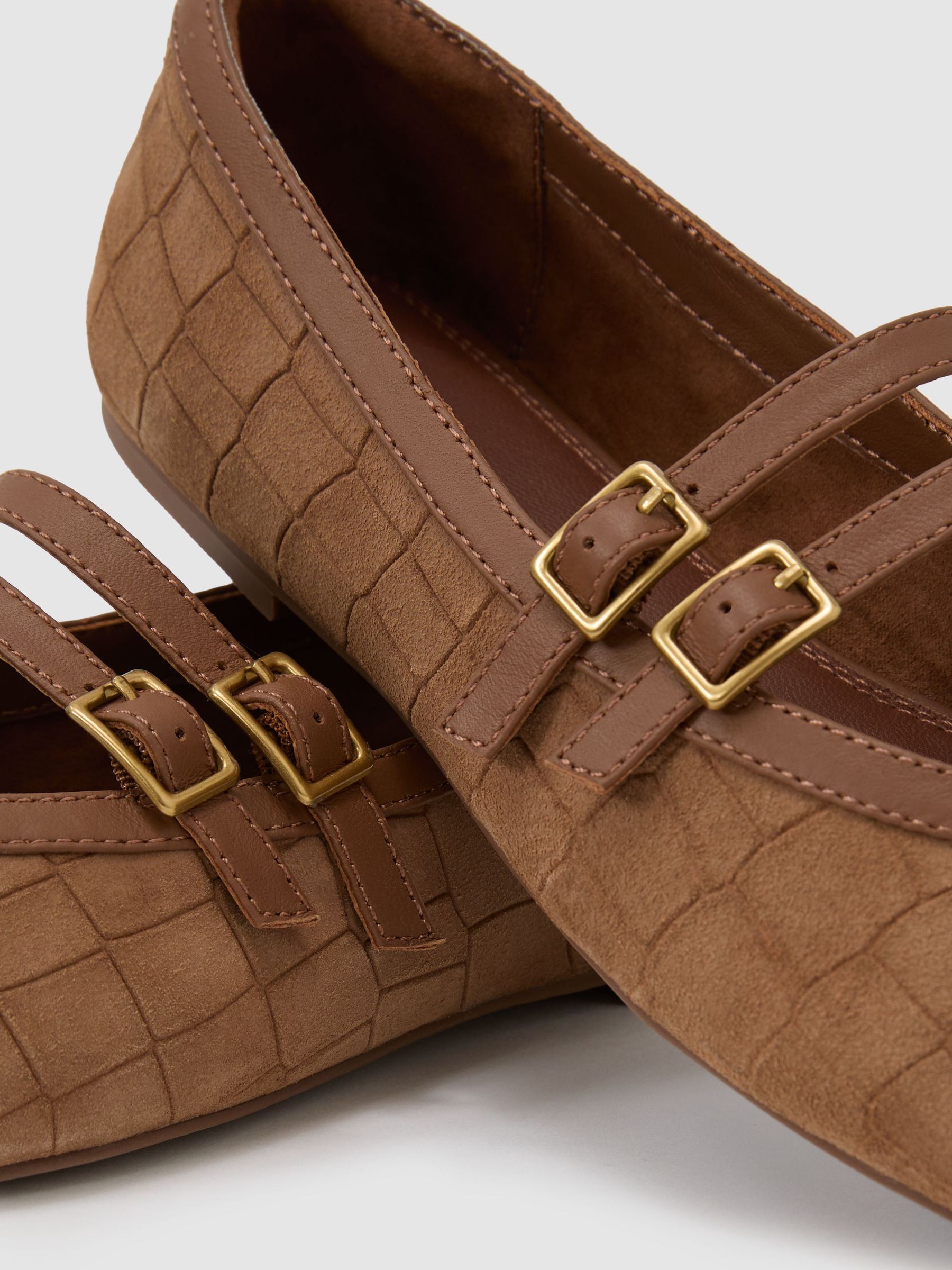 Suede Croc-Embossed Ballet Flats in Tan - Image 5 of 5