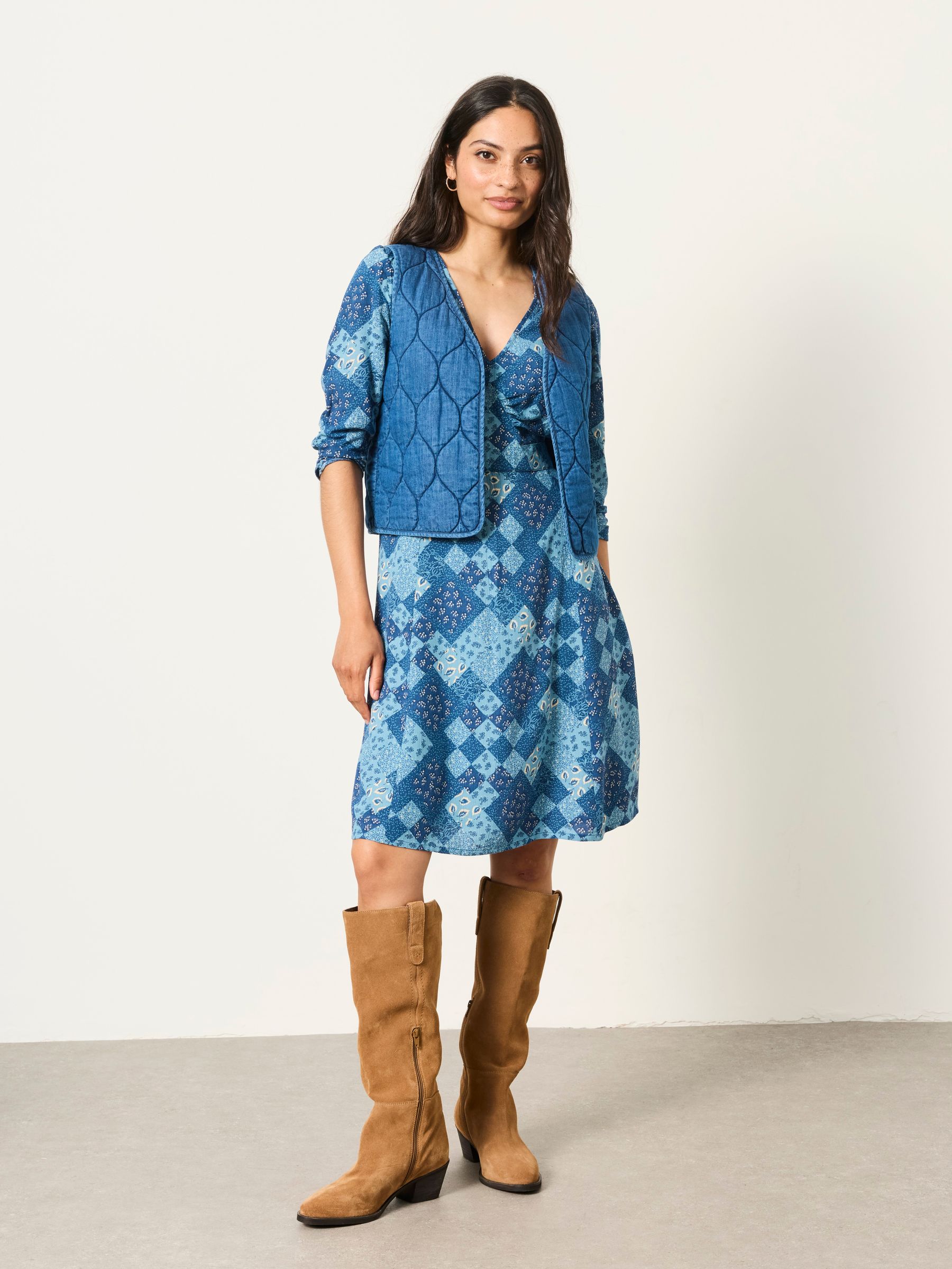 Anya 2 in 1 Blue Patchwork Petite Mini Dress with Quilted Waistcoat - Image 1 of 7