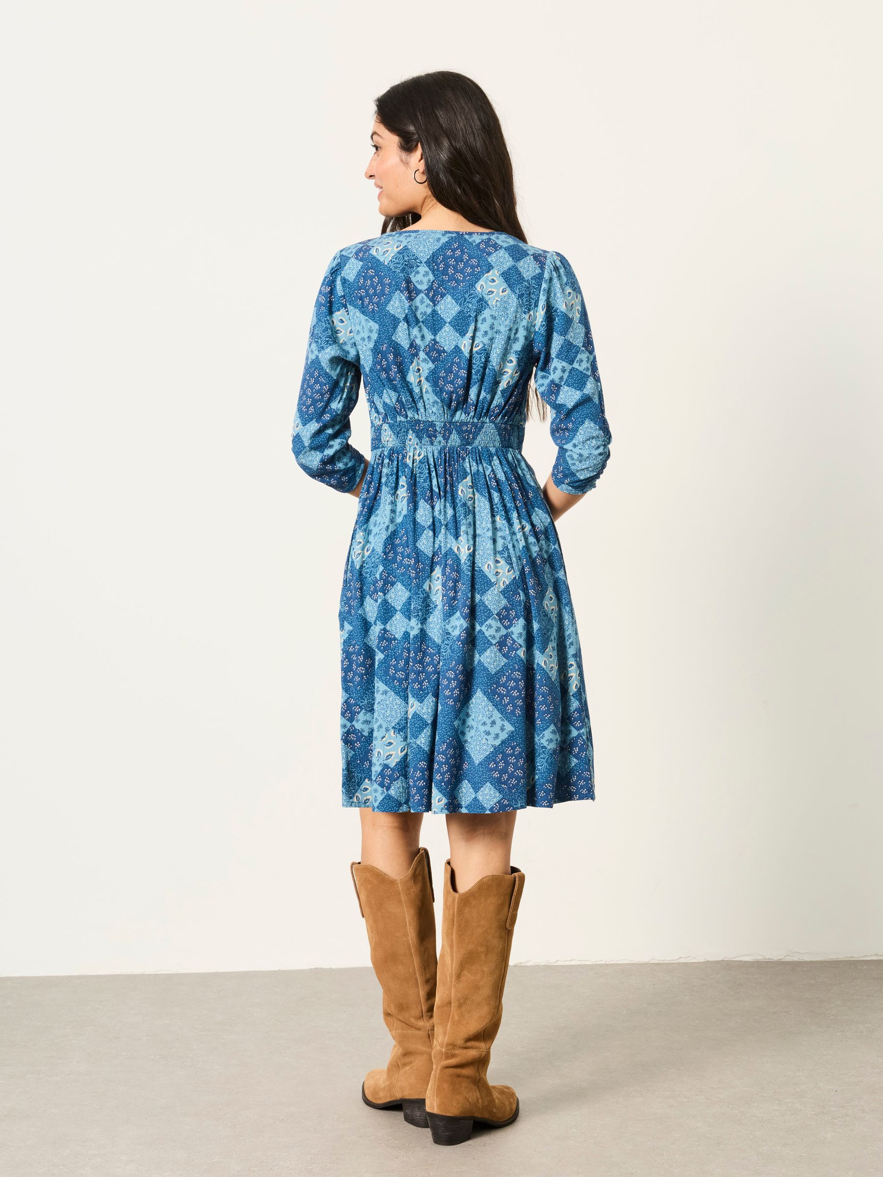 Anya 2 in 1 Blue Patchwork Petite Mini Dress with Quilted Waistcoat - Image 2 of 7