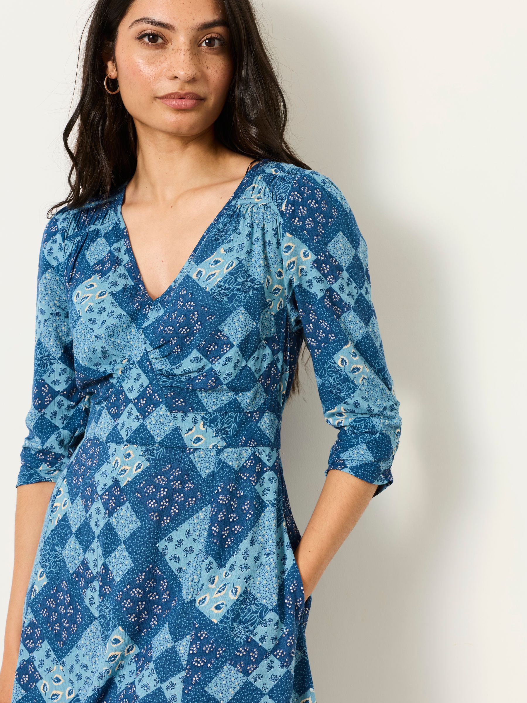 Anya 2 in 1 Blue Patchwork Petite Mini Dress with Quilted Waistcoat - Image 5 of 7