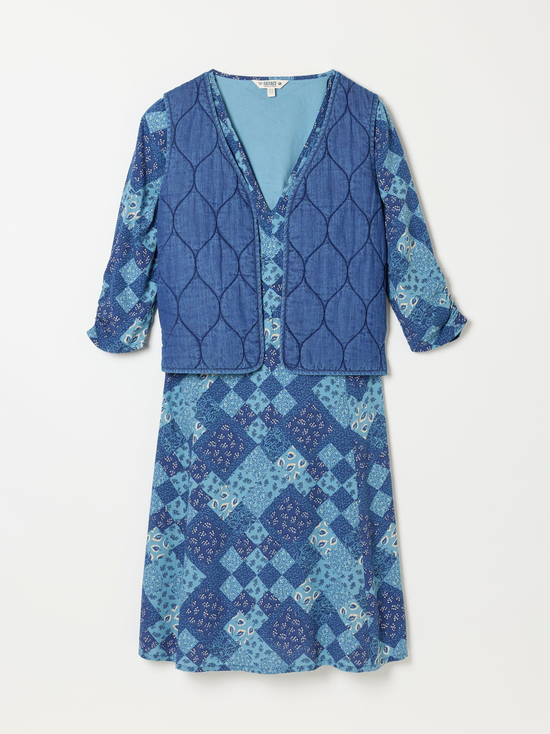 Anya 2 in 1 Blue Patchwork Petite Mini Dress with Quilted Waistcoat - Image 7 of 7 Anya 2 in 1 Blue Patchwork Petite Mini Dress with Quilted Waistcoat - Image 7 of 7