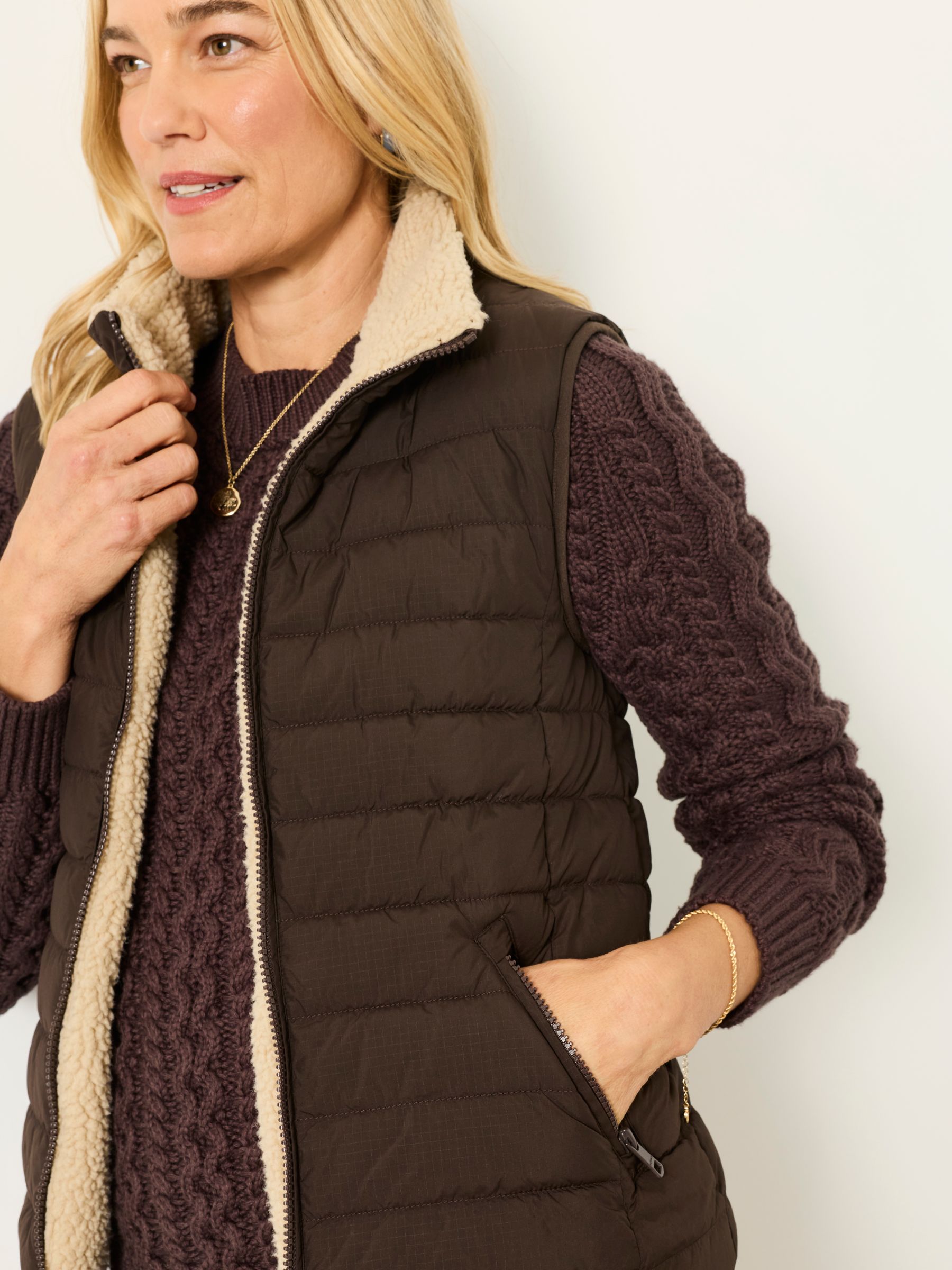 Luna Reversible Chocolate Brown Padded Borg Fleece Gilet - Image 1 of 7 Luna Reversible Chocolate Brown Padded Borg Fleece Gilet - Image 1 of 7