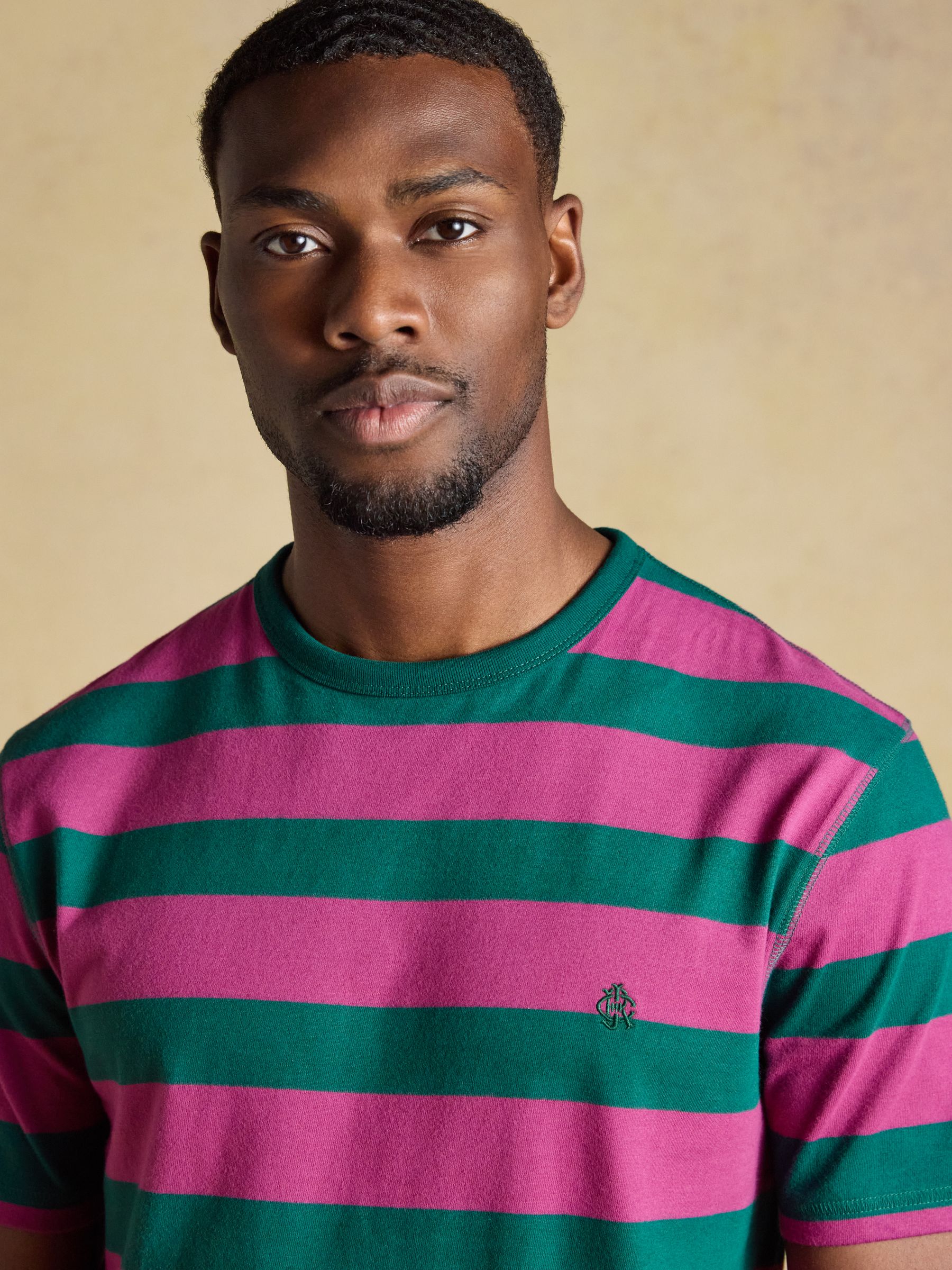 Rugby Club Pink & Green Striped Crew Neck Crew Neck Cotton T-Shirt - Image 3 of 6