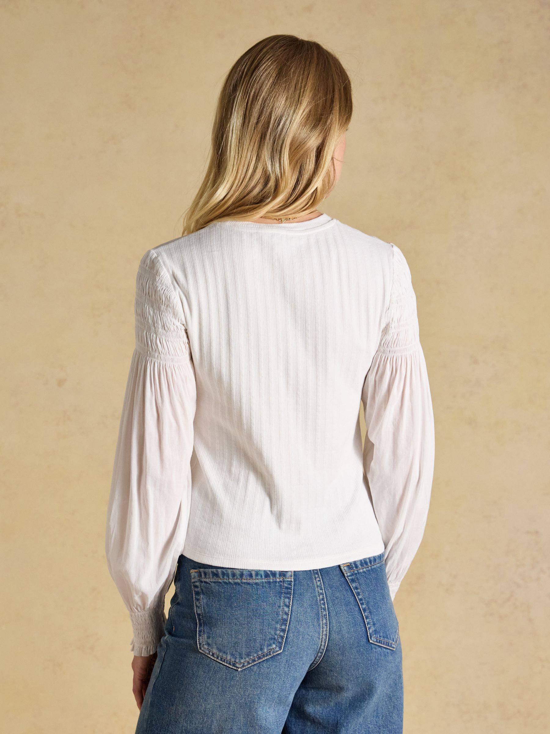 Cream Pointelle Jersey Top with Shirred Woven Sleeves - Image 2 of 6