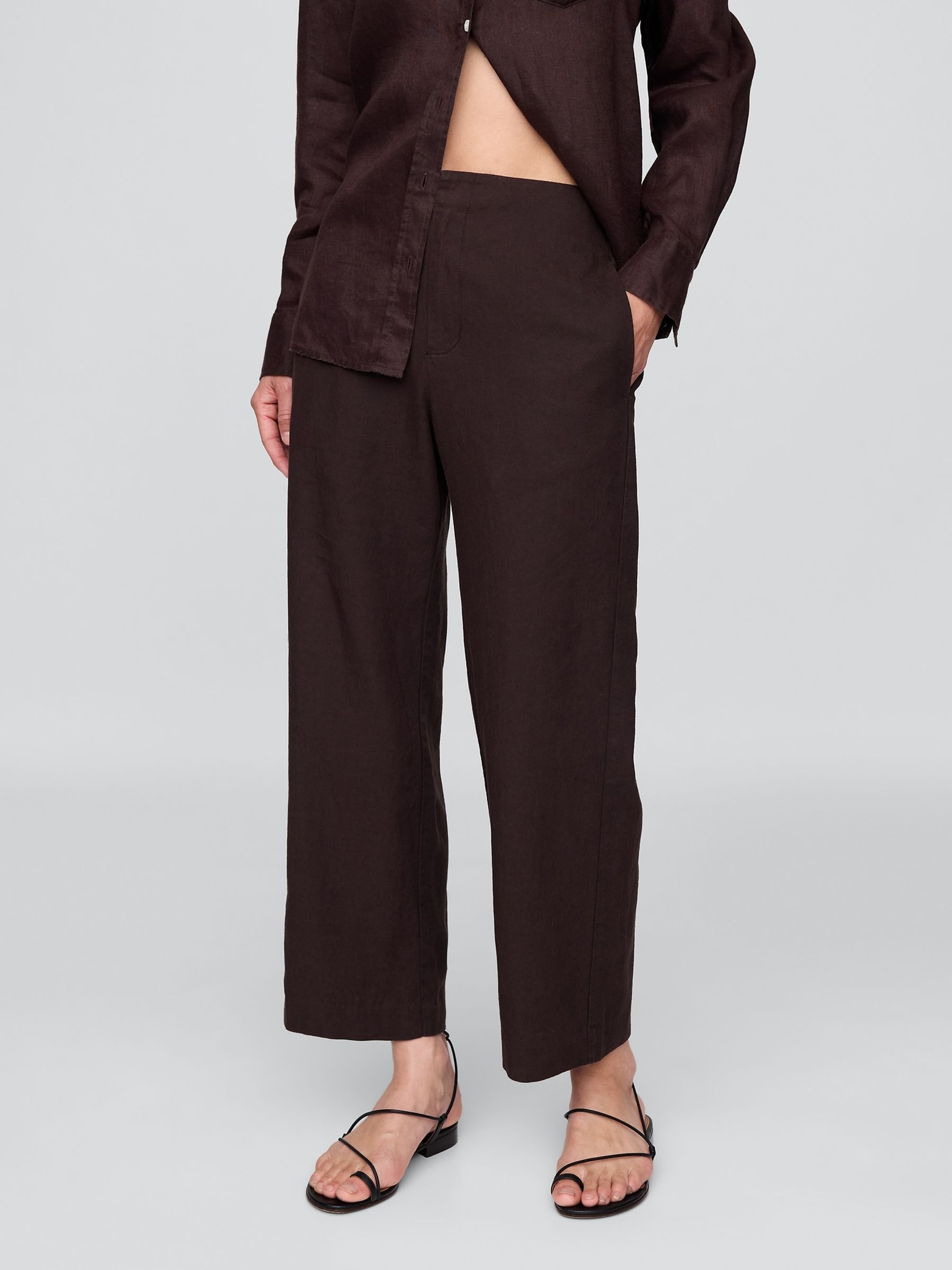 Brown Linen Blend Relaxed Straight Trousers - Image 1 of 6