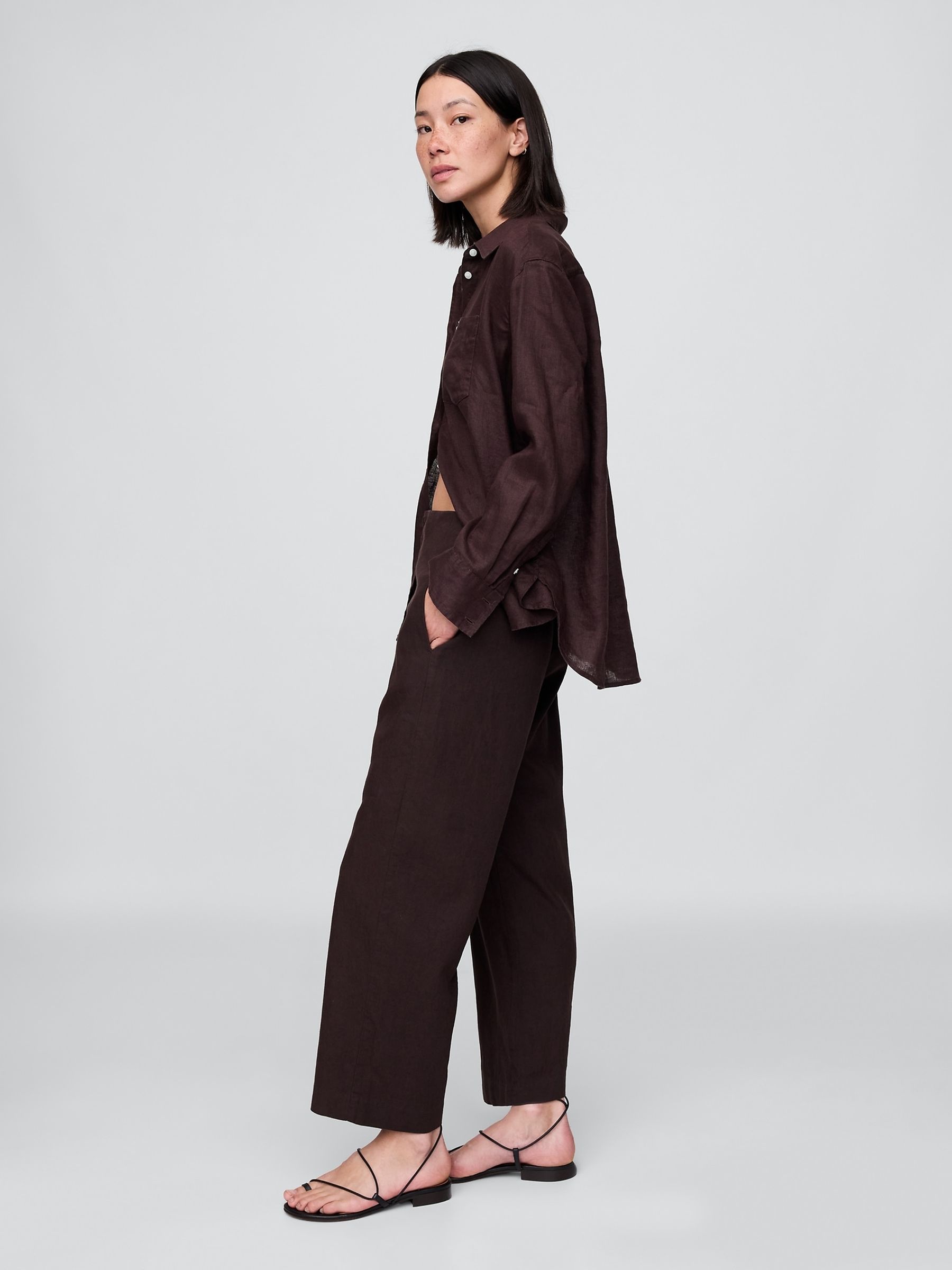 Brown Linen Blend Relaxed Straight Trousers - Image 5 of 6