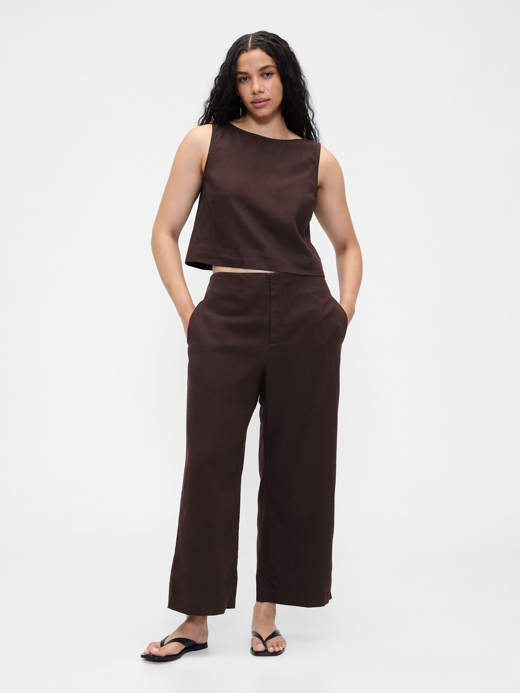 Brown Linen Blend Relaxed Straight Trousers - Image 6 of 6
