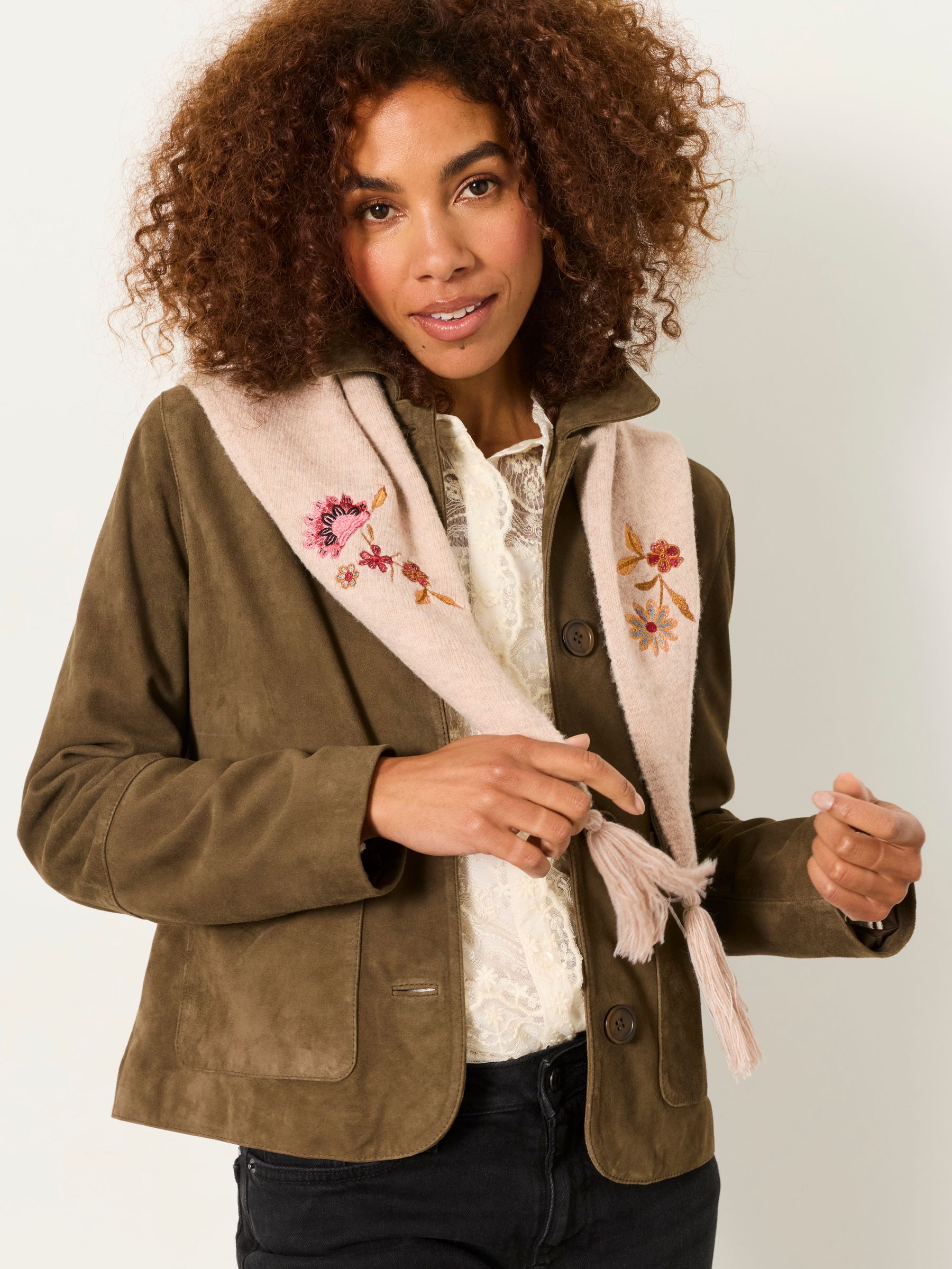 Oatmeal Floral Embroidered Triangle Scarf - Image 1 of 5