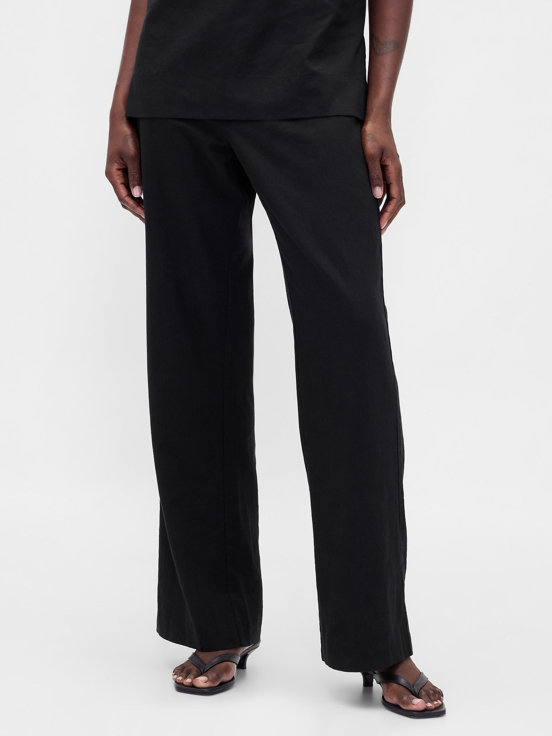 Black Low Rise Linen-Blend Flare Trousers - Image 1 of 4