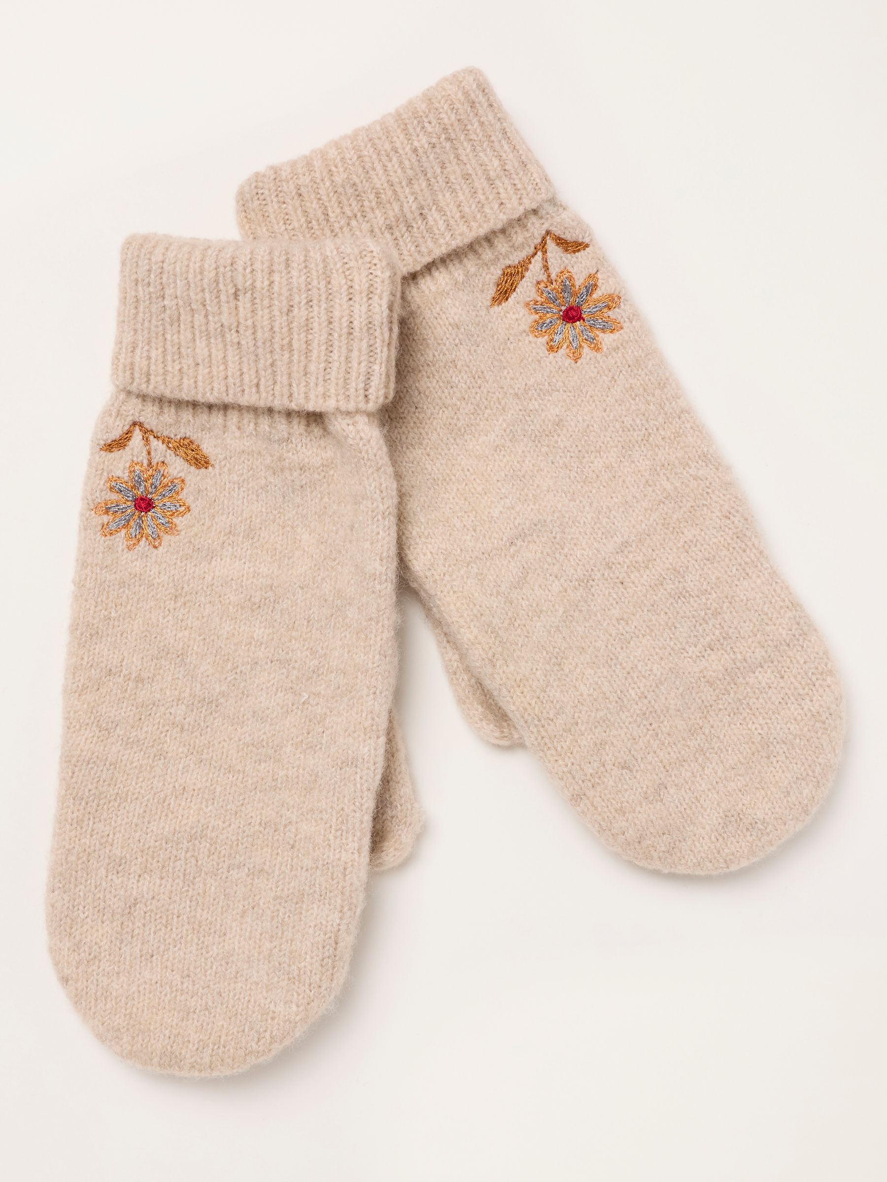 Oatmeal Floral Embroidered Overflap Mittens - Image 1 of 3 Oatmeal Floral Embroidered Overflap Mittens - Image 1 of 3
