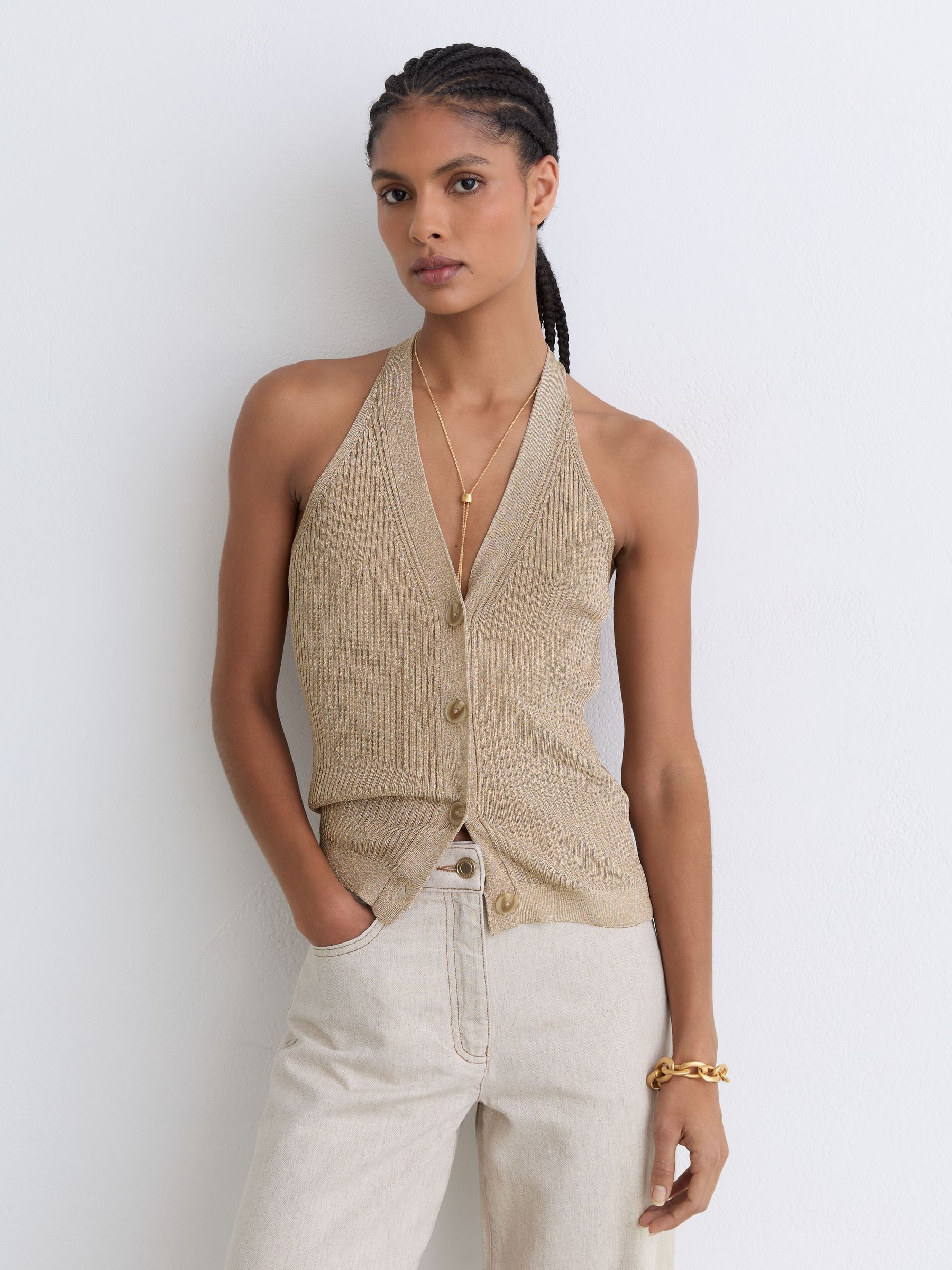 Metallic Rib-Knit Waistcoat in Gold - image 2