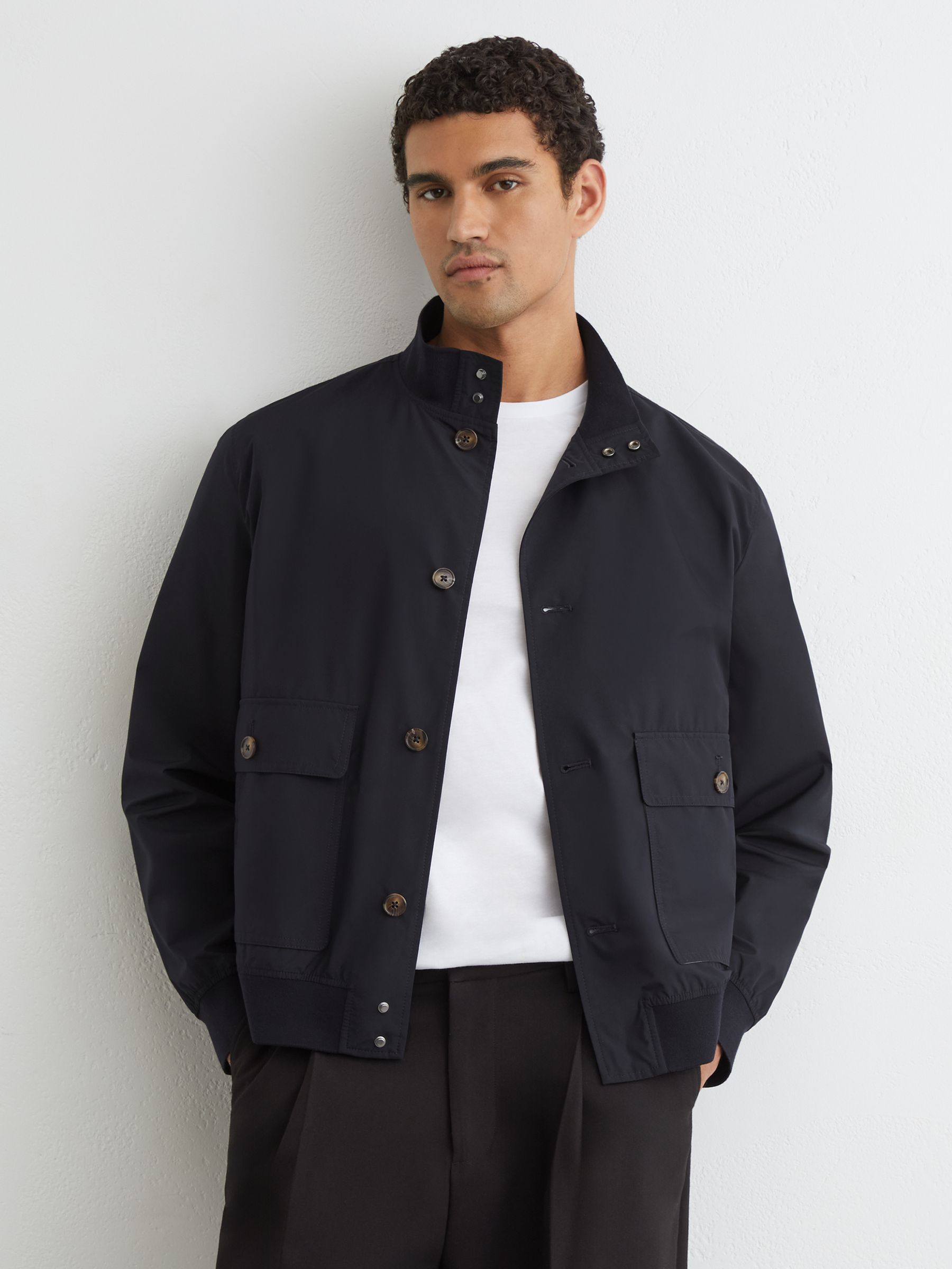 Technical Button-Through Bomber Jacket in Navy - Image 1 of 6