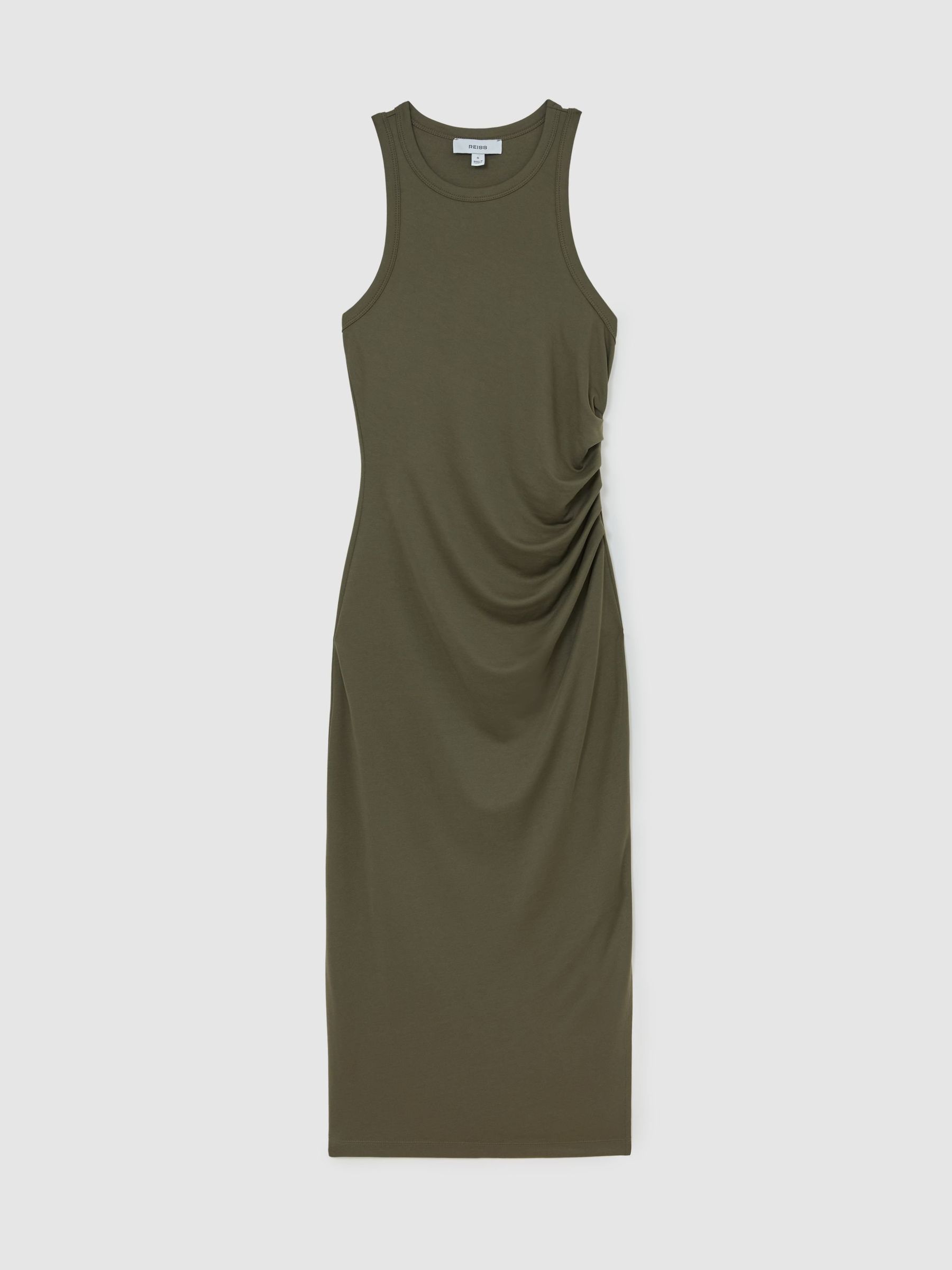 Jersey Ruched Racer Midi Dress in Khaki Green