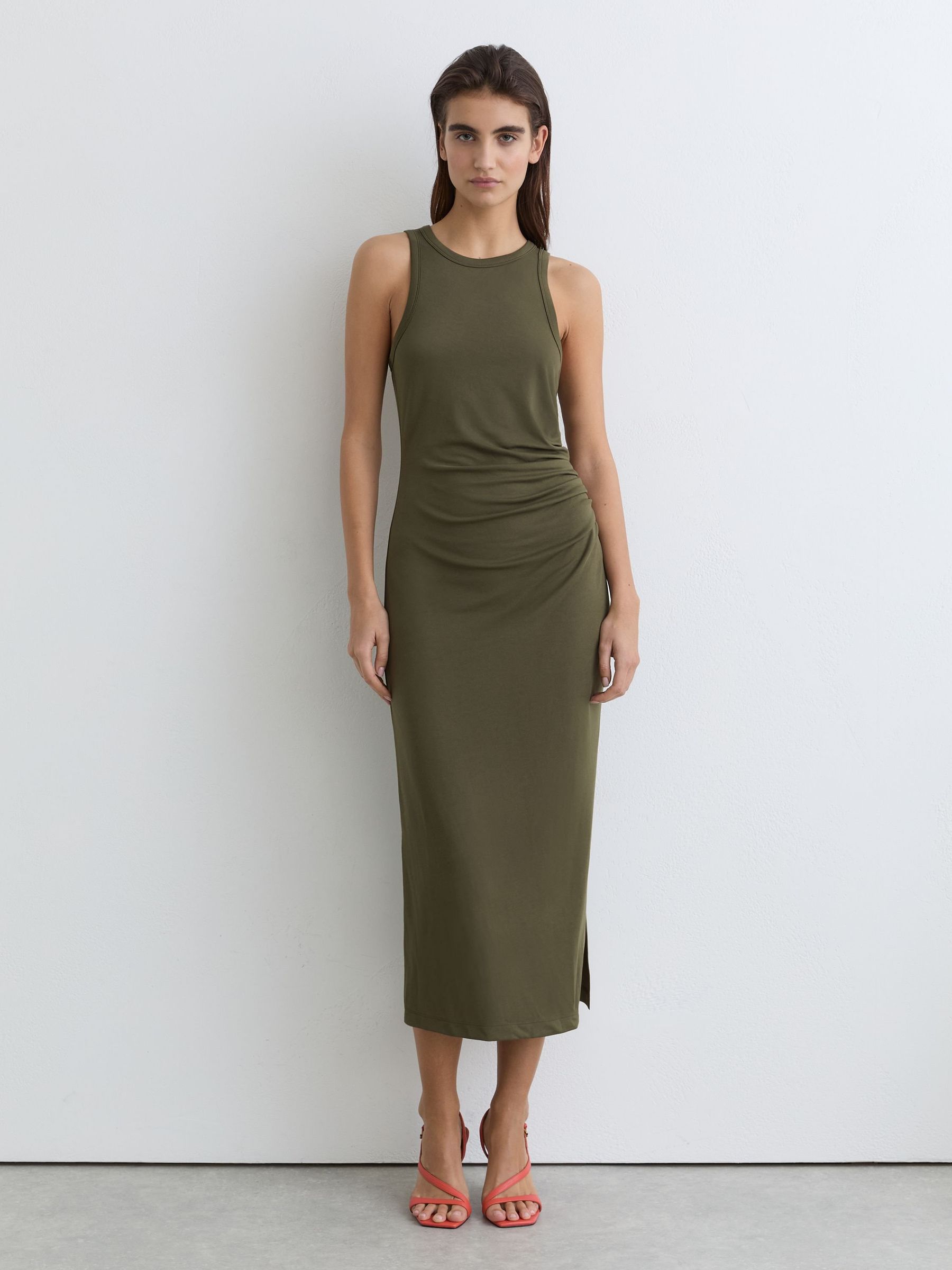 Jersey Ruched Racer Midi Dress in Khaki Green - Image 3 of 6