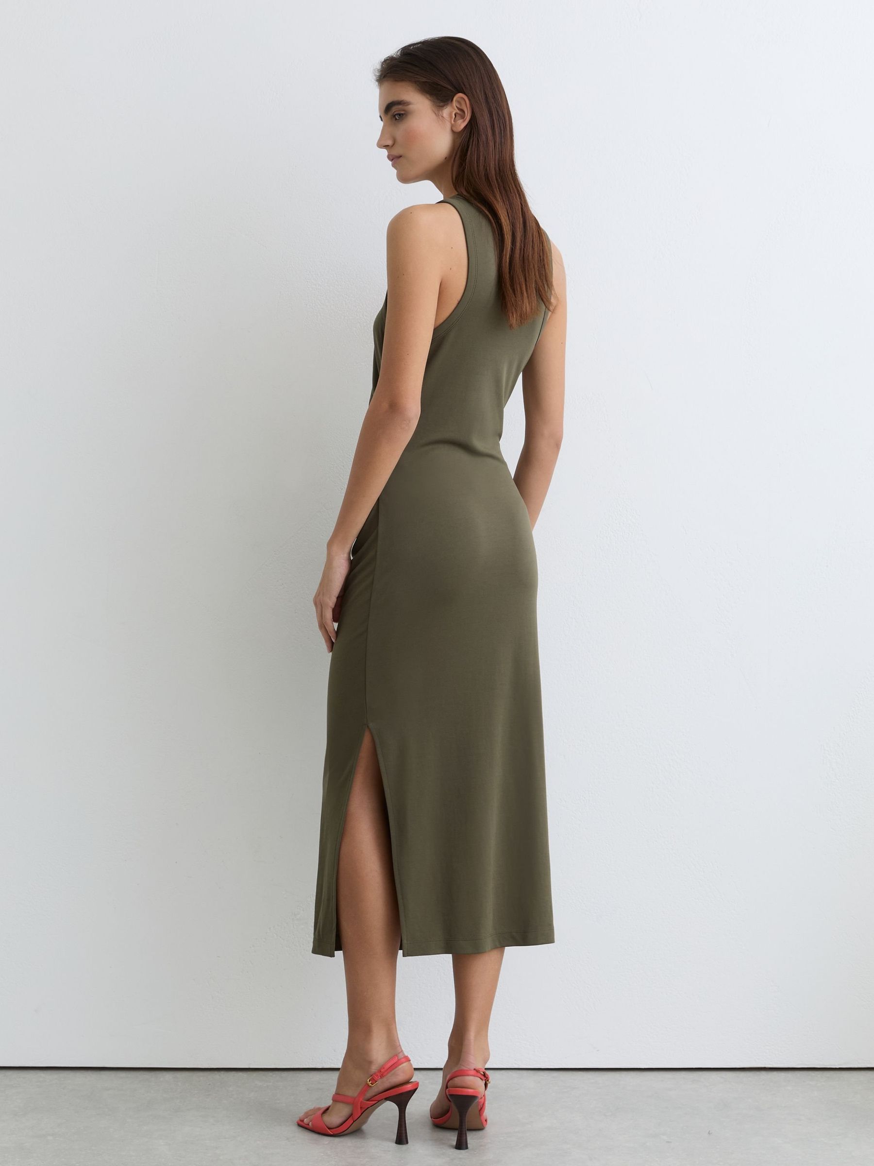 Jersey Ruched Racer Midi Dress in Khaki Green - Image 5 of 6