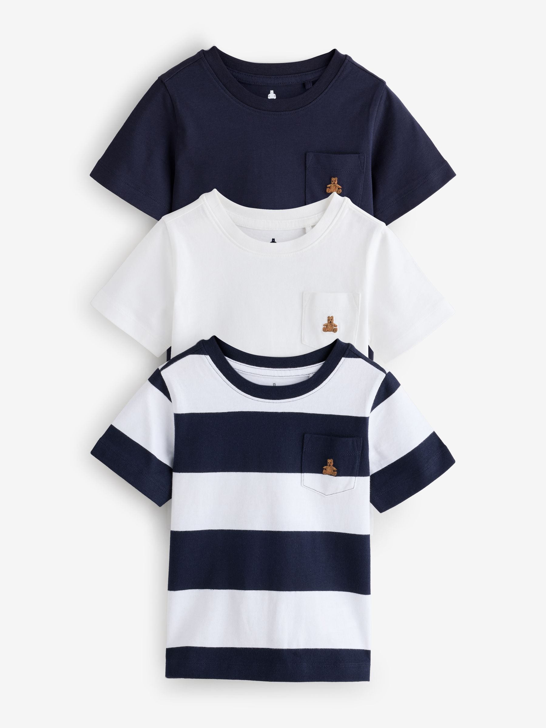 Navy Blue & White 3 Pack Short Sleeve Brannan Bear Embroidered T-Shirts (6 mths - 5yrs) - Image 1 of 7