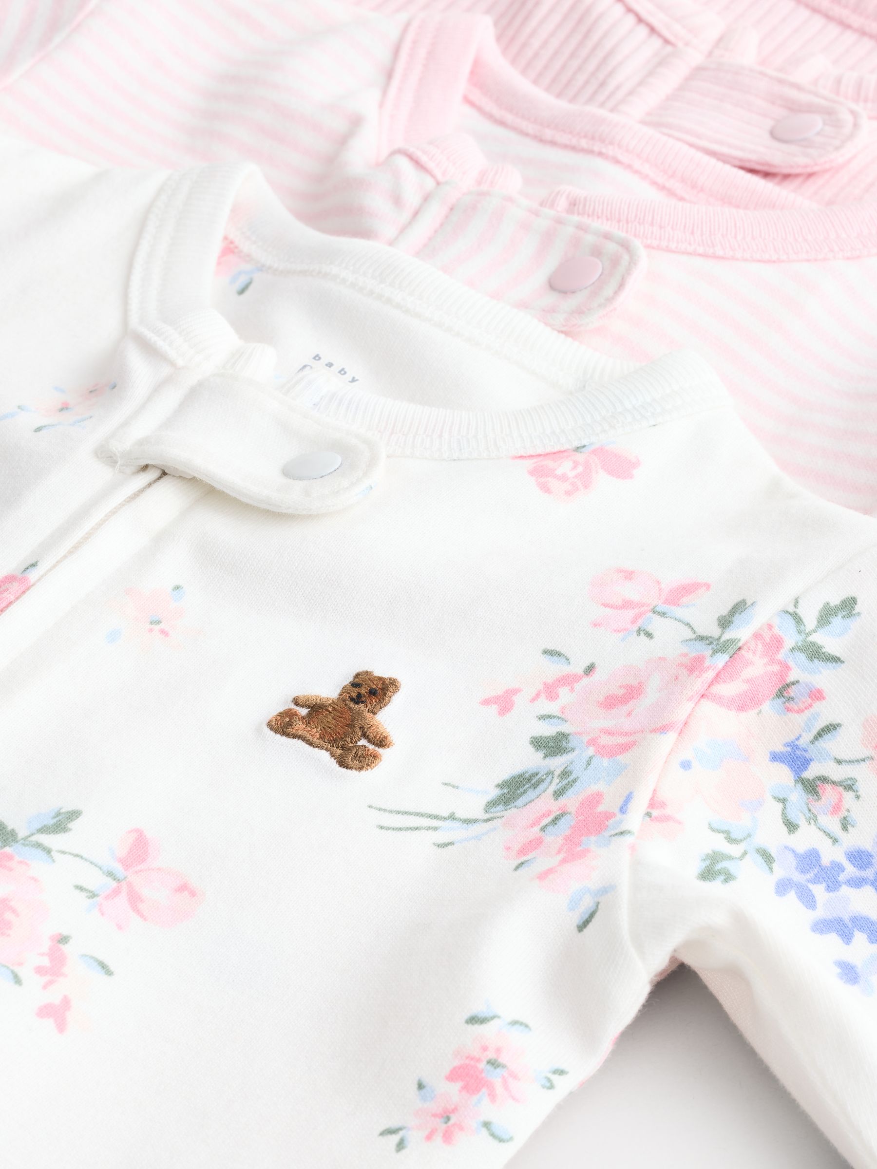 Pink Floral and Stripe 3 Pack Baby Sleepsuit - Image 10 of 11