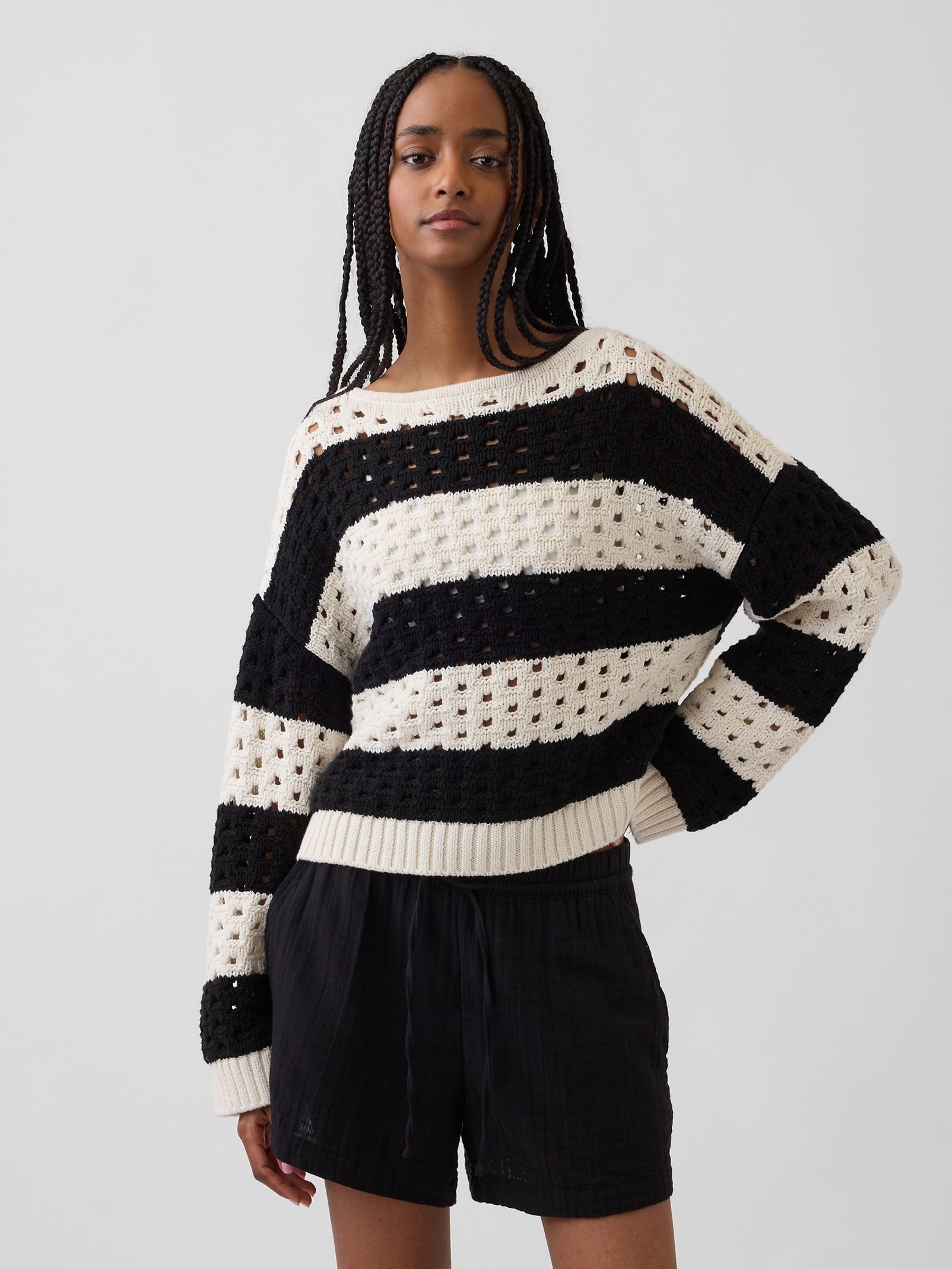 Black Stripe Crochet Boat neck Jumper - Image 1 of 4
