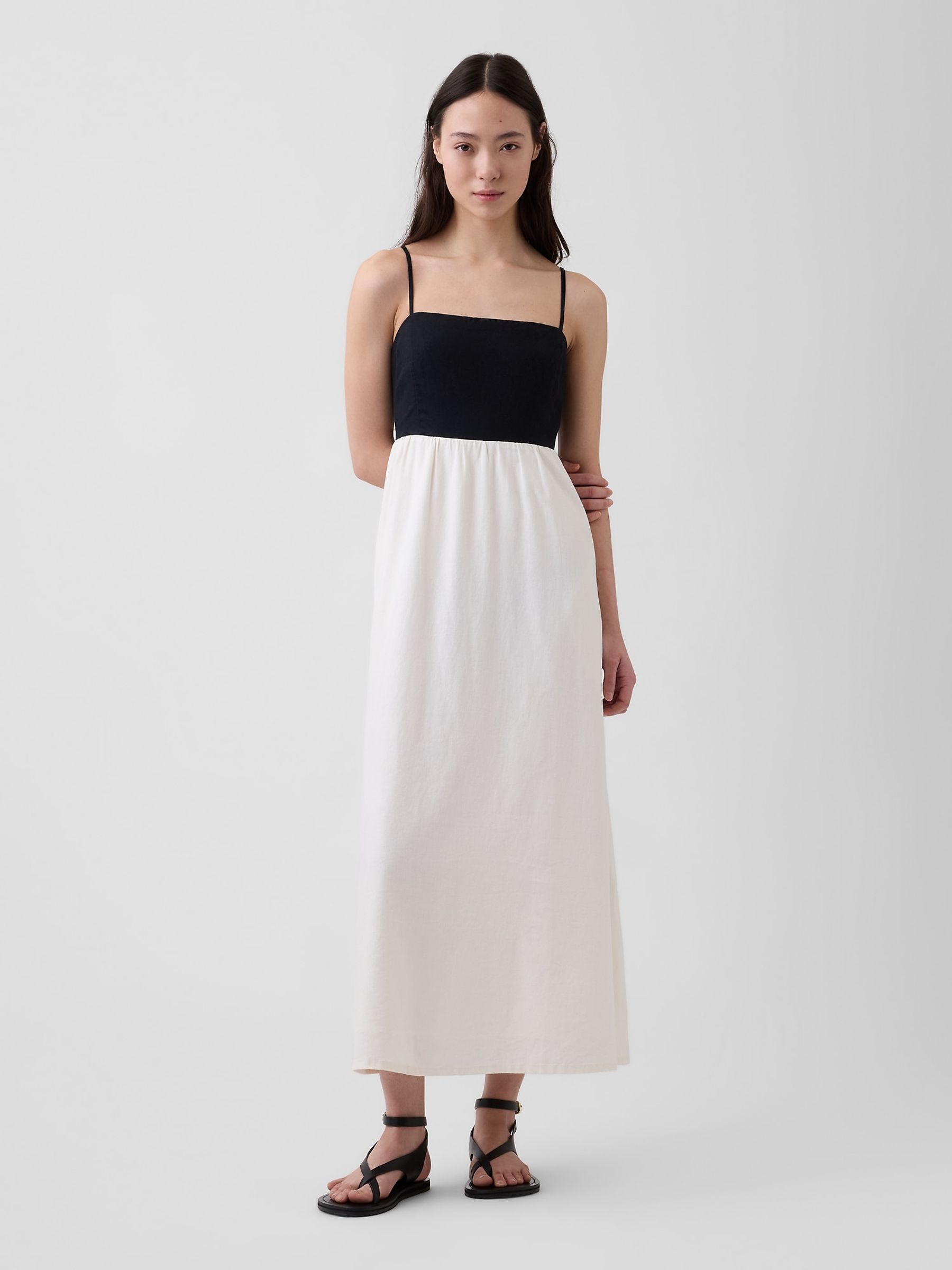 Black/White Linen Blend Empire Waist Maxi Dress - Image 1 of 4