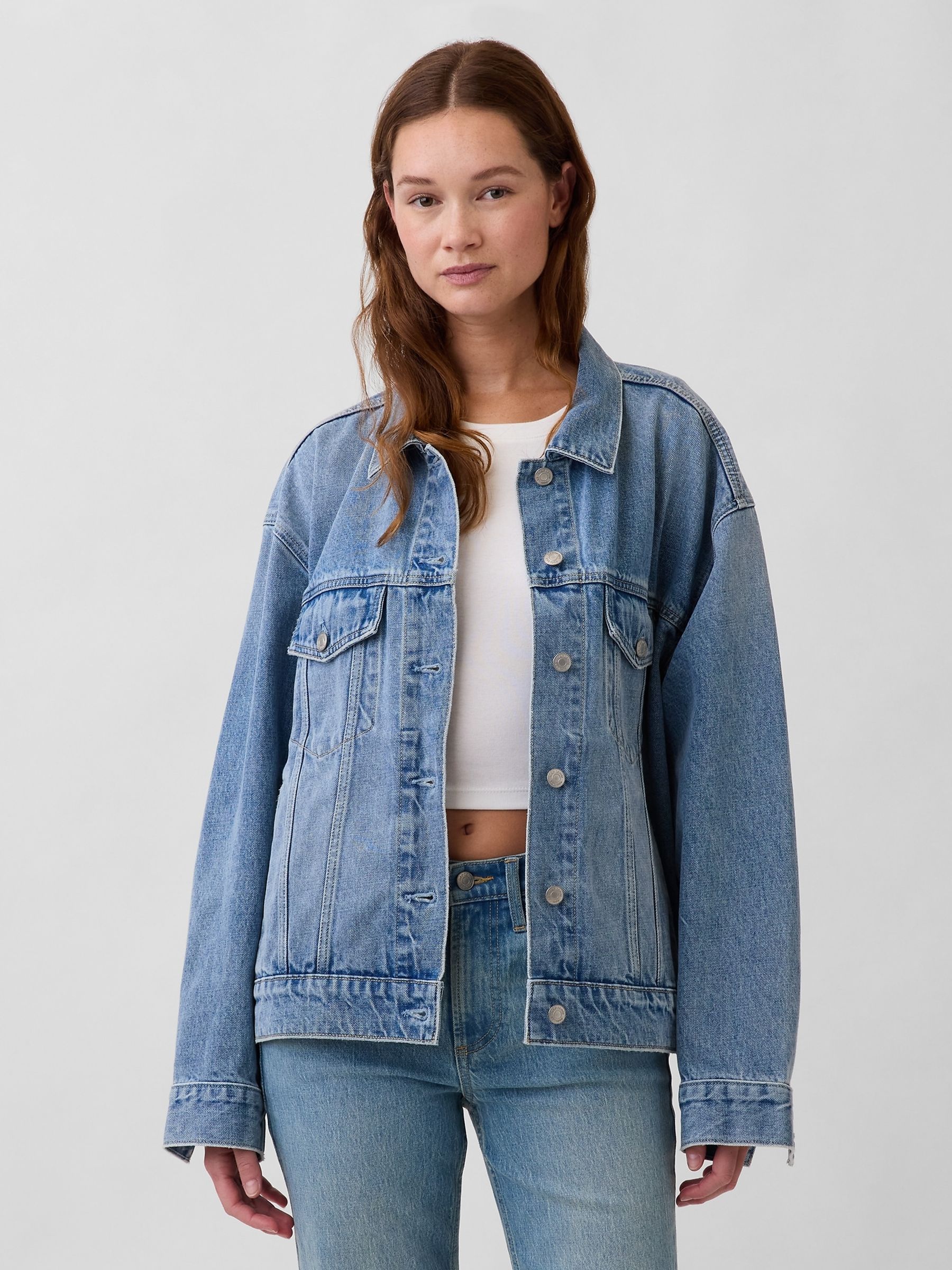 Medium wash Oversized Icon Denim Jacket - Image 1 of 4 Medium wash Oversized Icon Denim Jacket - Image 1 of 4