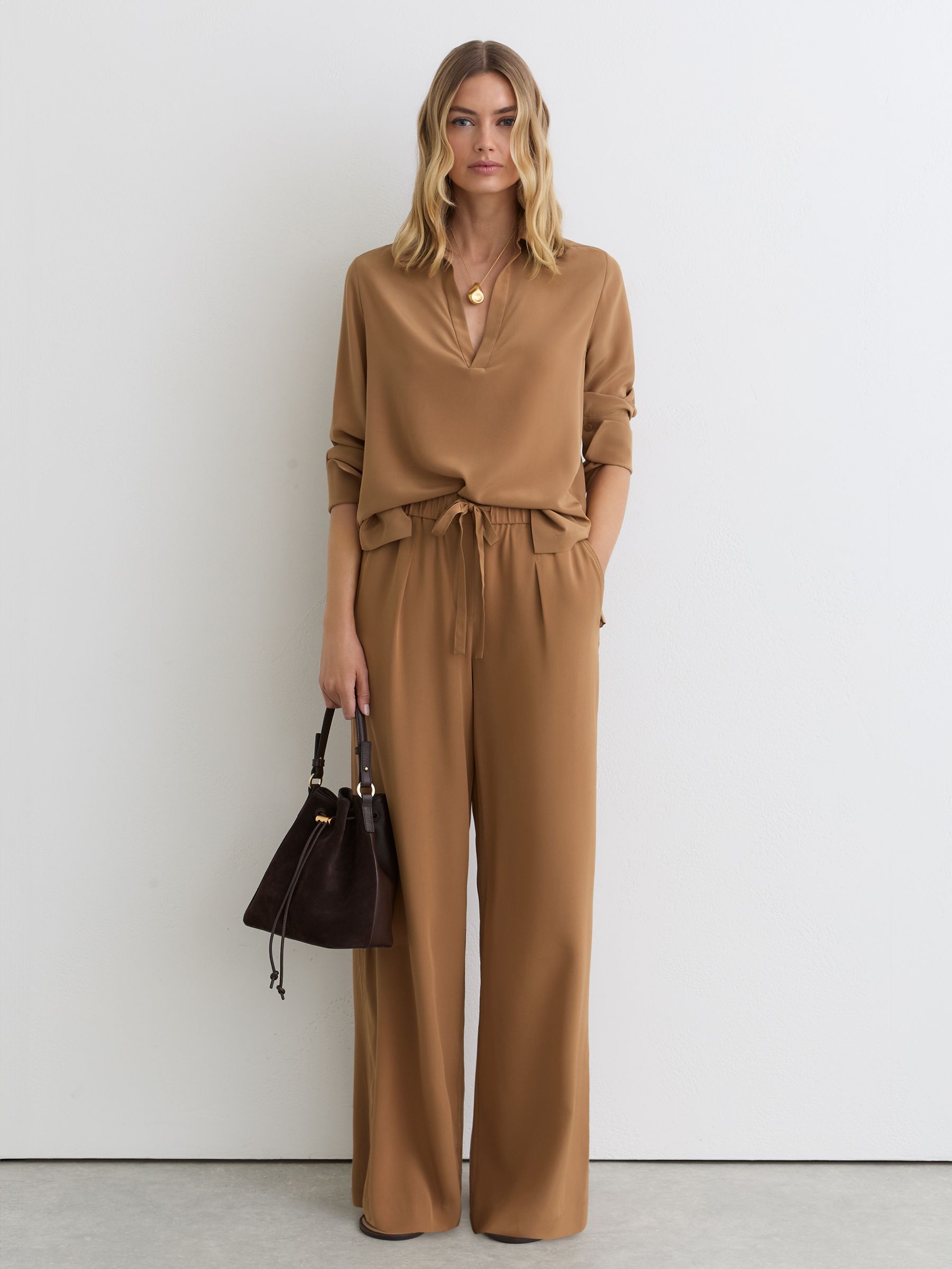 Matte-Silk Wide-Leg Trousers in Camel - Image 1 of 7 Matte-Silk Wide-Leg Trousers in Camel - Image 1 of 7