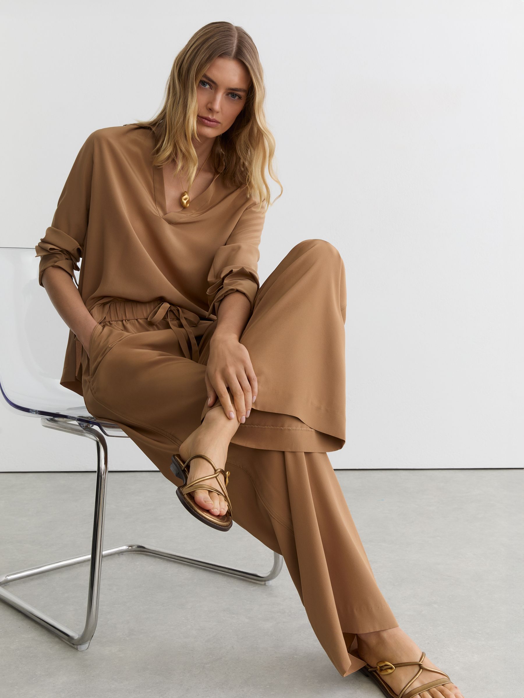 Matte-Silk Wide-Leg Trousers in Camel - Image 6 of 7