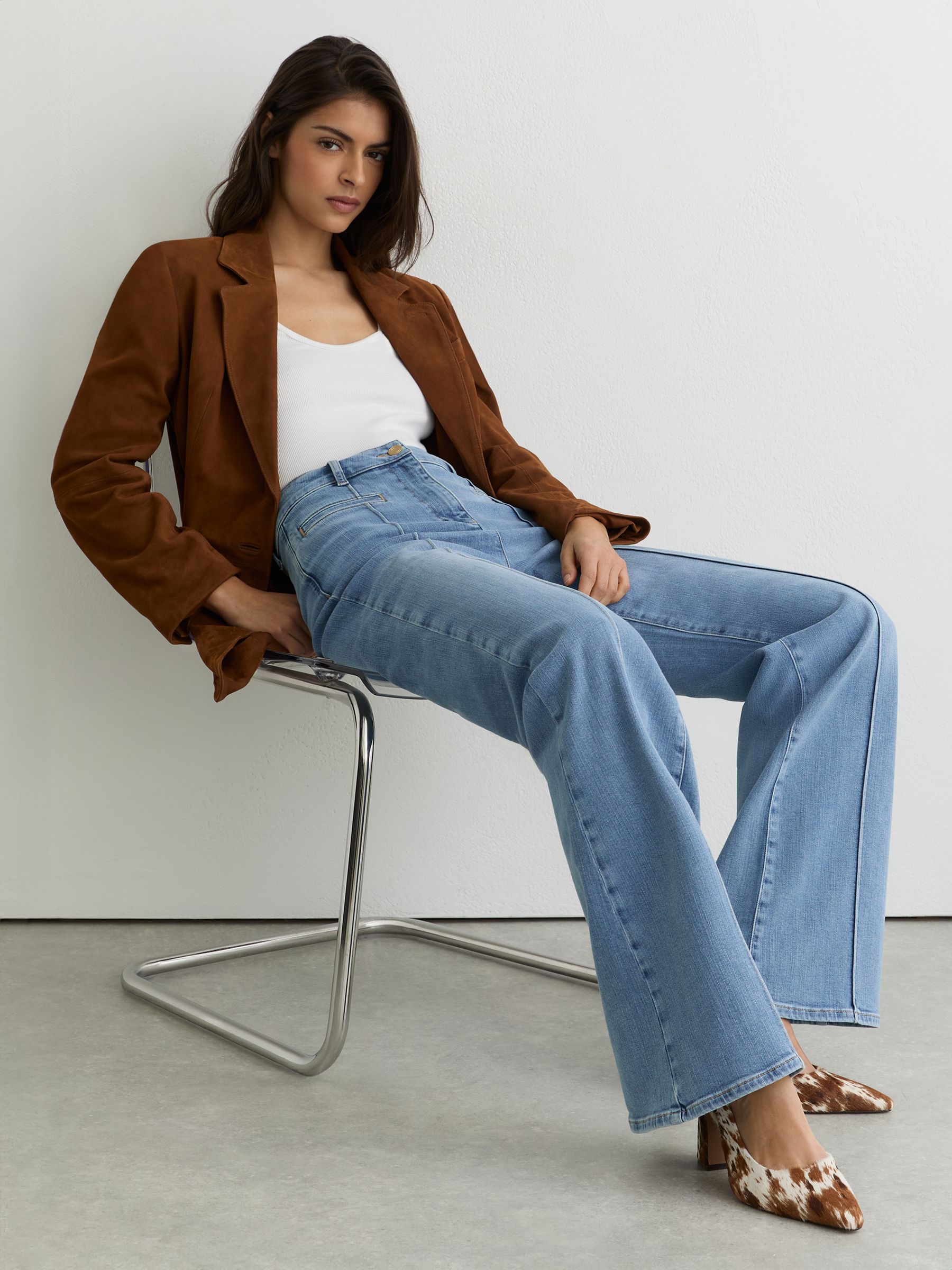 Petite Pintuck-Detail Flared Jeans in Light Blue - Image 1 of 9