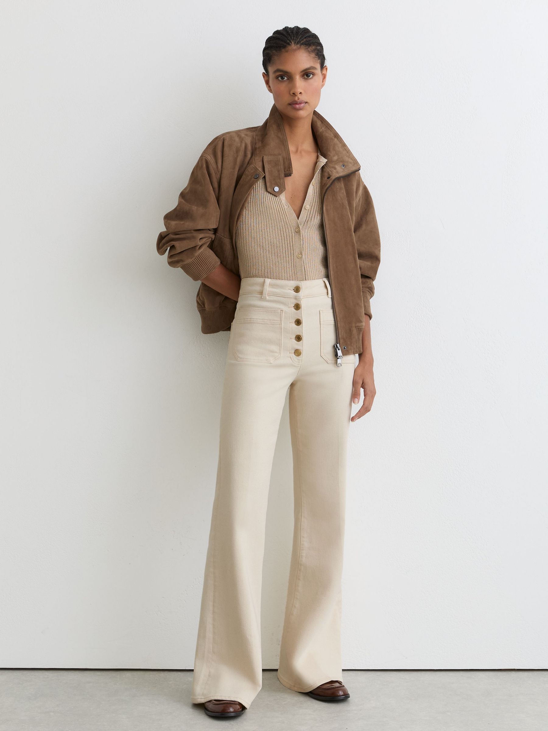 Twin-Pocket Button Flared Jeans in Ecru - image 2