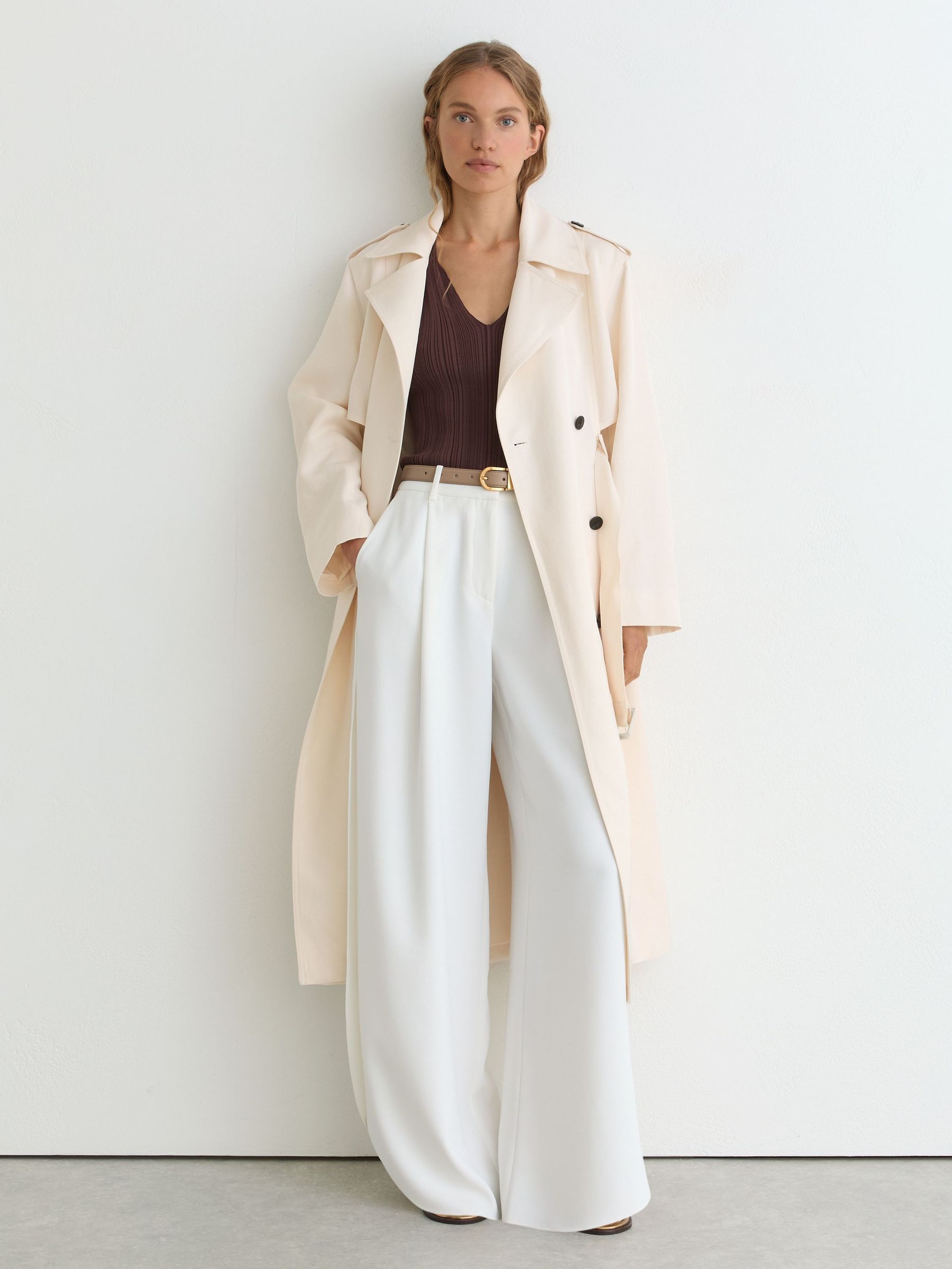 Petite Double-Breasted Trench Coat with Linen in White - image 4