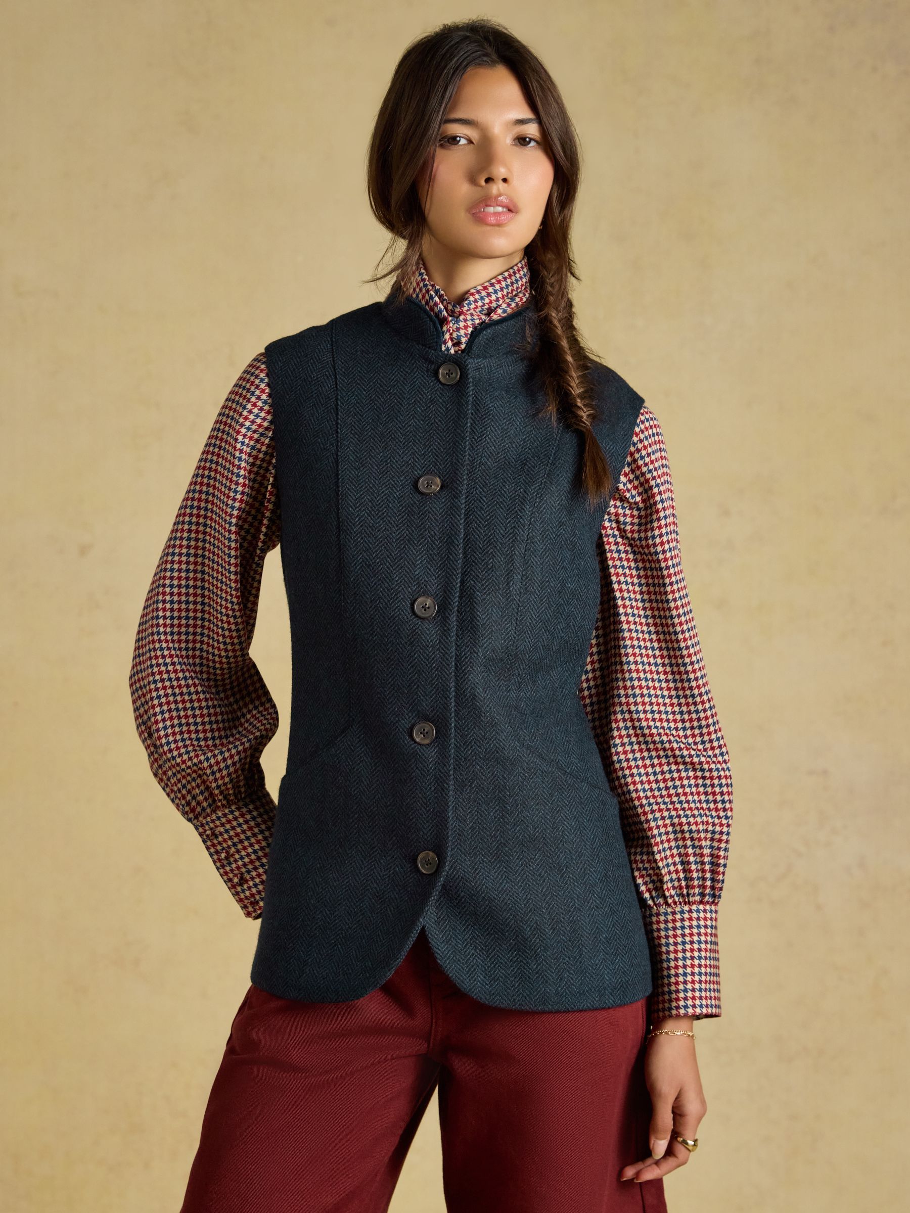 Navy Herringbone Tweed Wool Blend Nehru Collar Gilet - Image 1 of 8