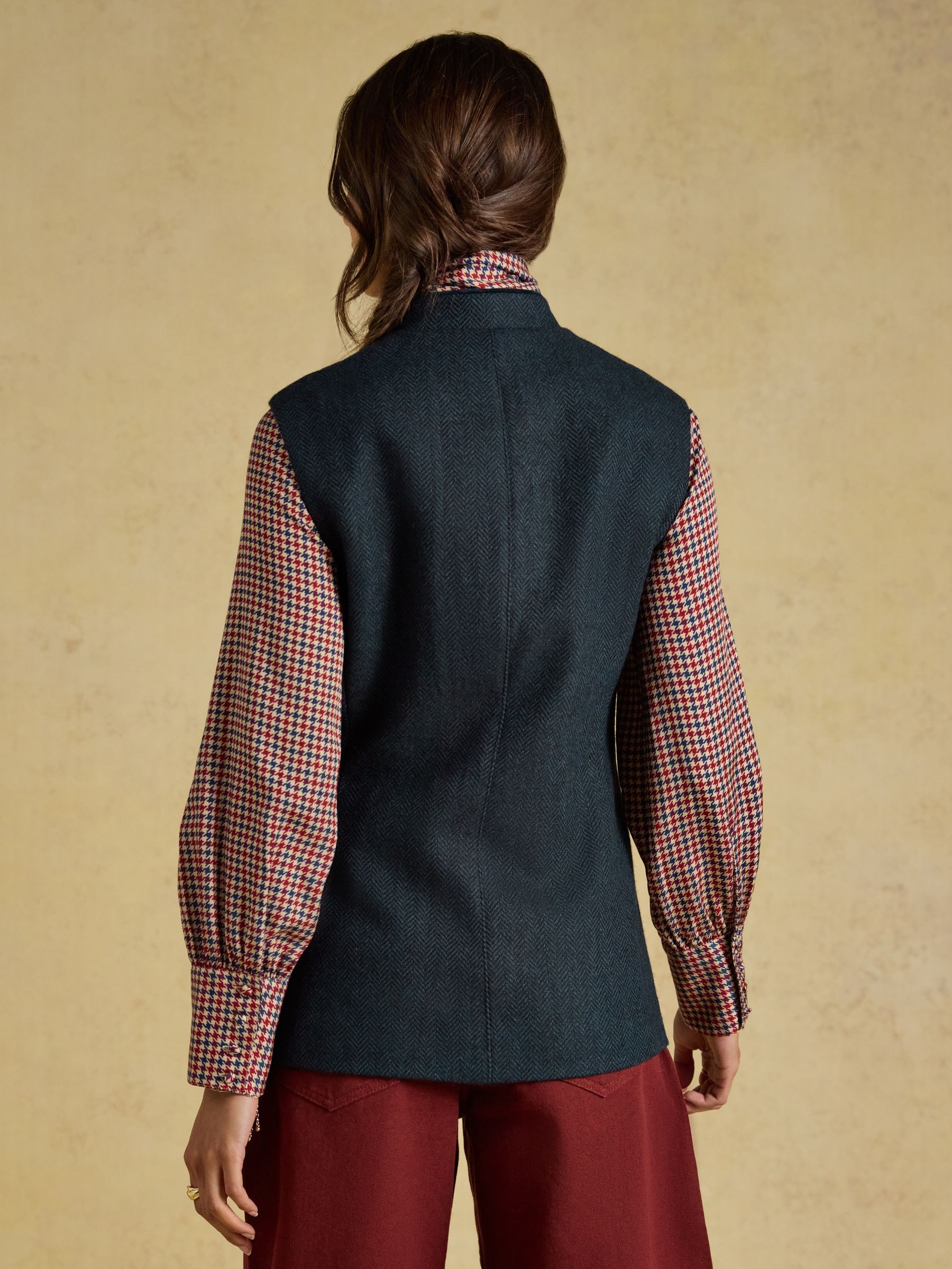 Navy Herringbone Tweed Wool Blend Nehru Collar Gilet - Image 2 of 8