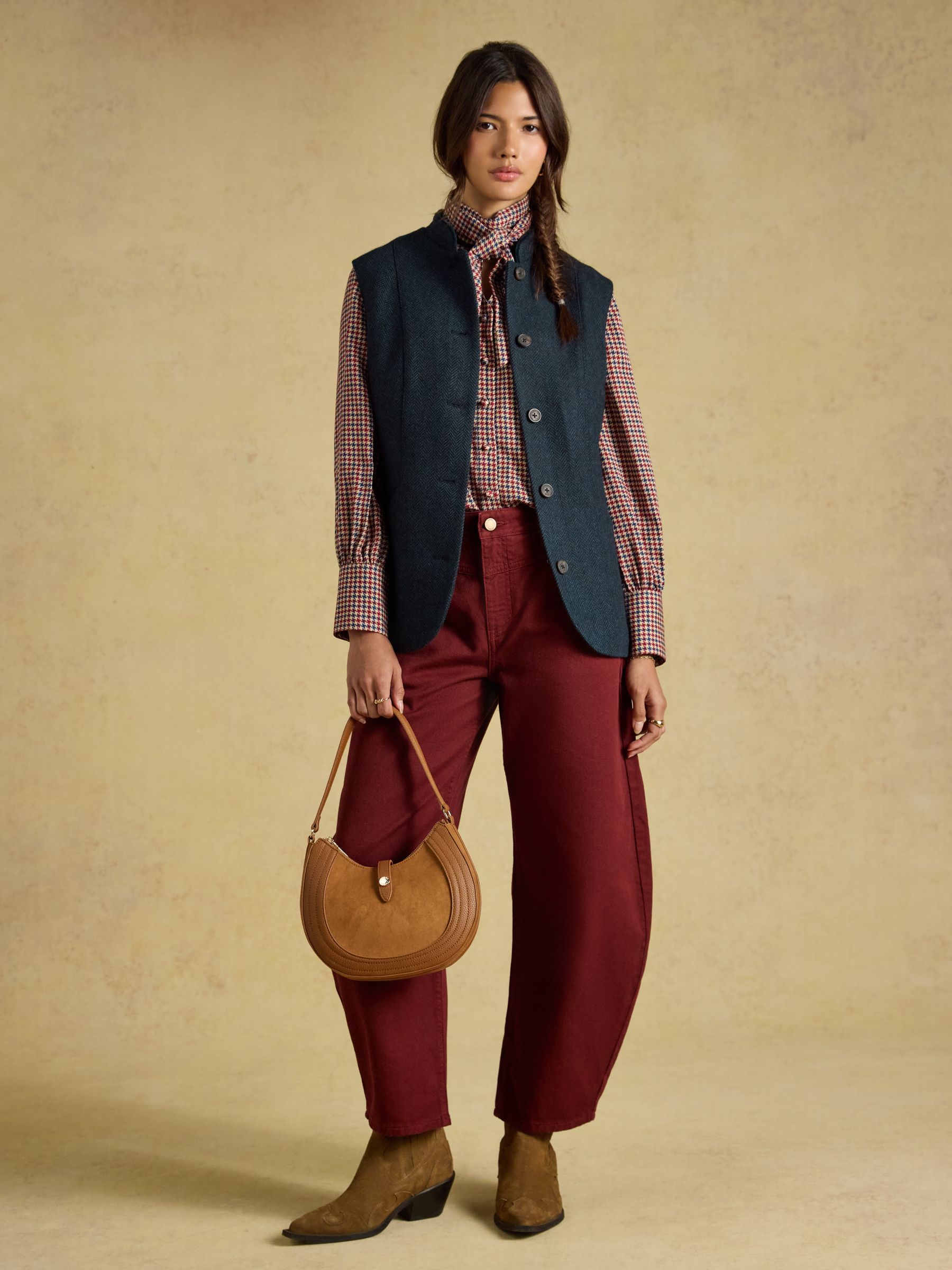 Navy Herringbone Tweed Wool Blend Nehru Collar Gilet - Image 3 of 8