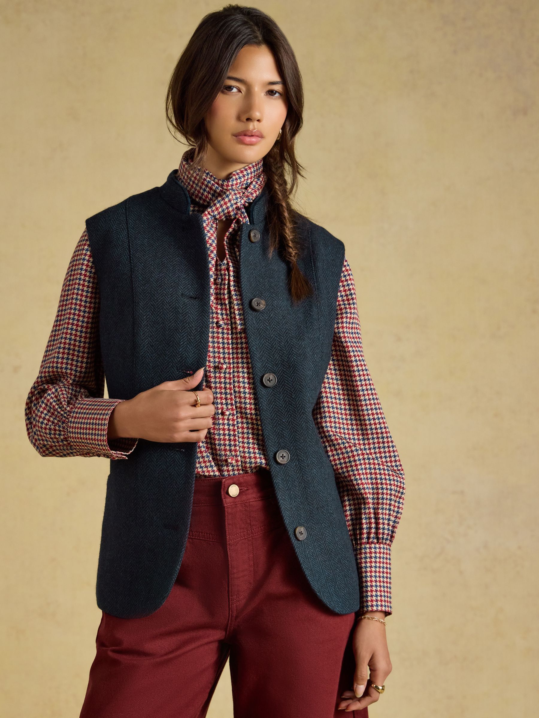 Navy Herringbone Tweed Wool Blend Nehru Collar Gilet - Image 5 of 8
