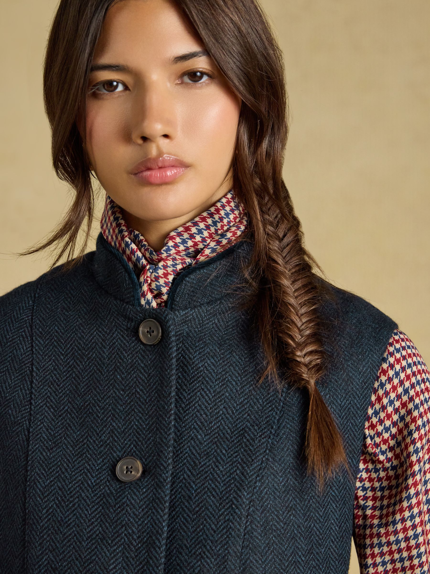Navy Herringbone Tweed Wool Blend Nehru Collar Gilet - Image 7 of 8