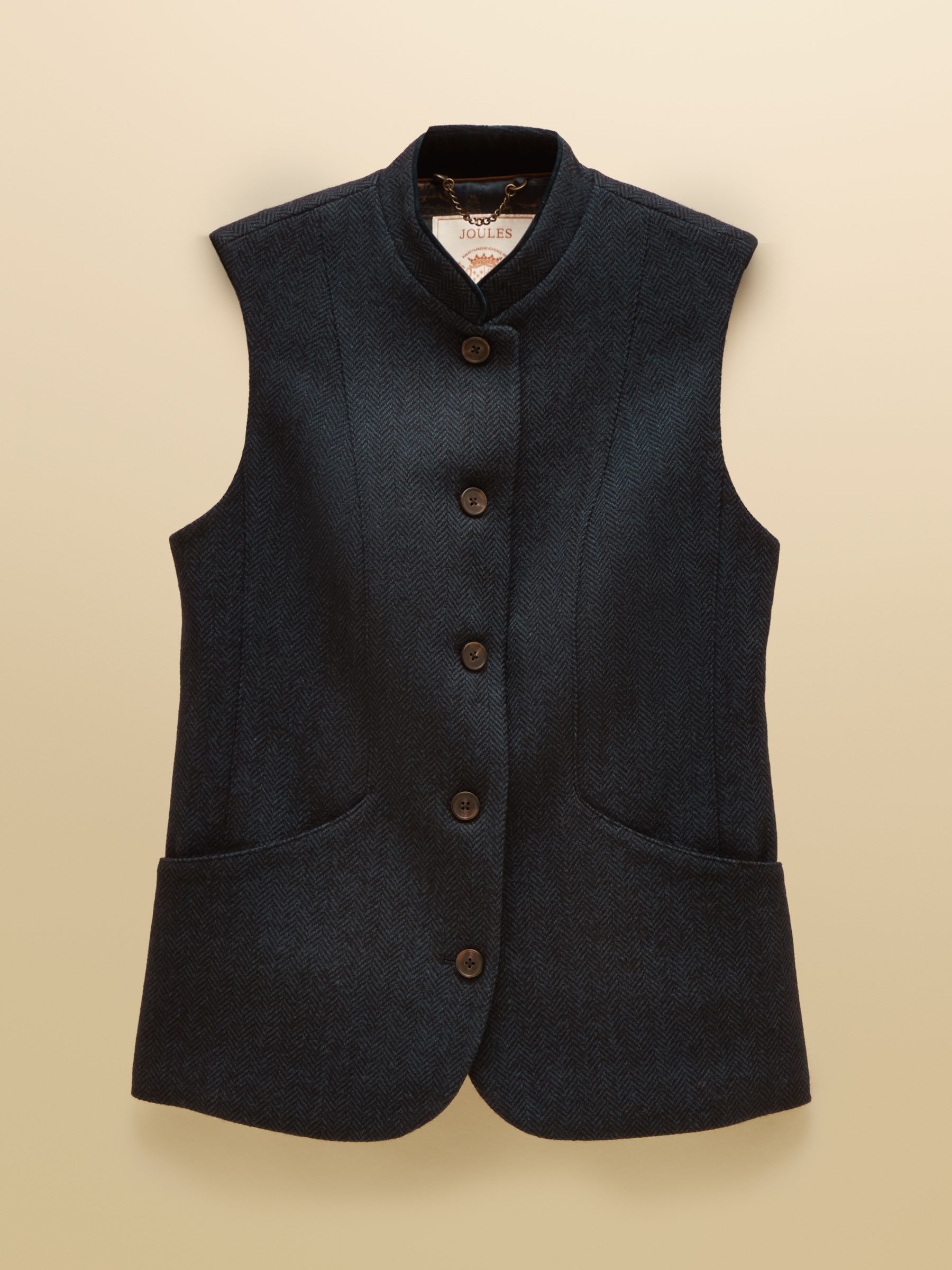 Navy Herringbone Tweed Wool Blend Nehru Collar Gilet - Image 8 of 8