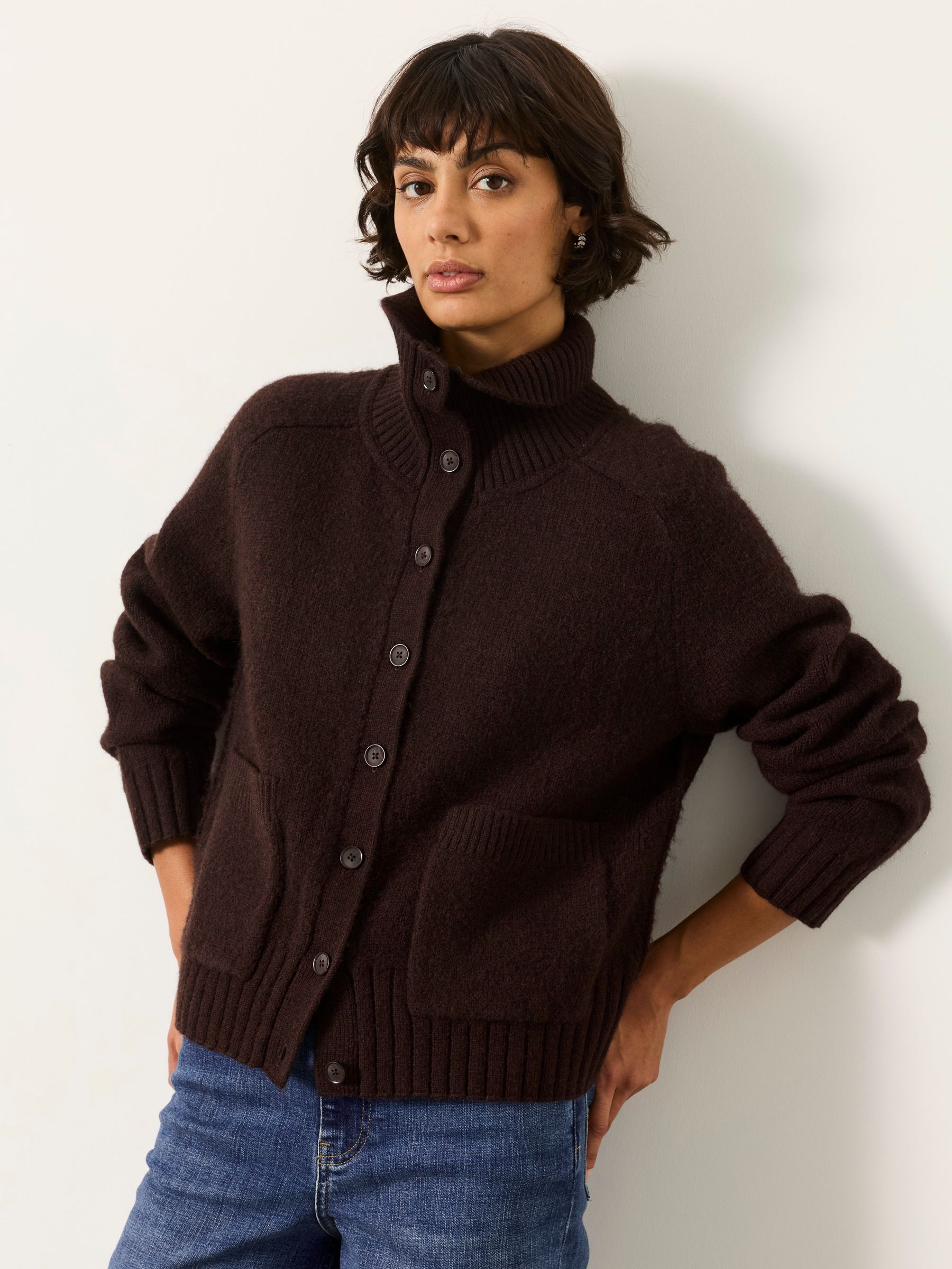 Freya Dark Red Funnel Neck Knitted Cardigan - Image 1 of 6 Freya Dark Red Funnel Neck Knitted Cardigan - Image 1 of 6