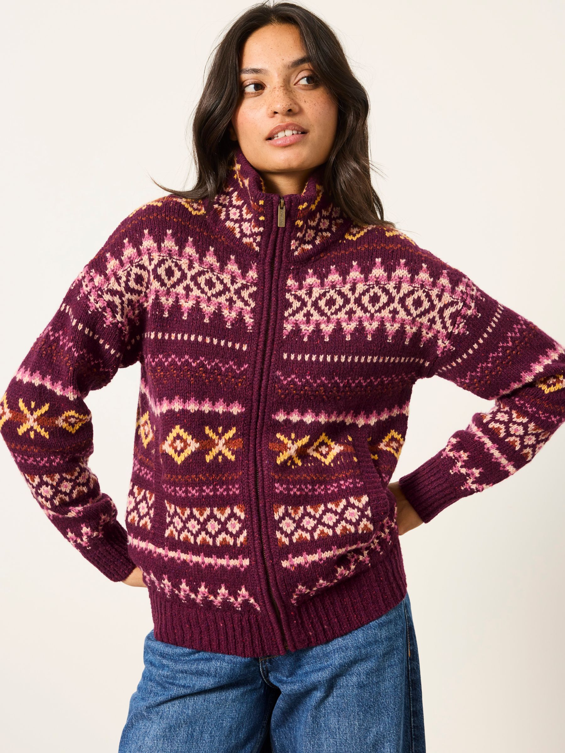 Burgundy Red Bonnie Knitted Pattern Zip Through Jacket - Image 1 of 7