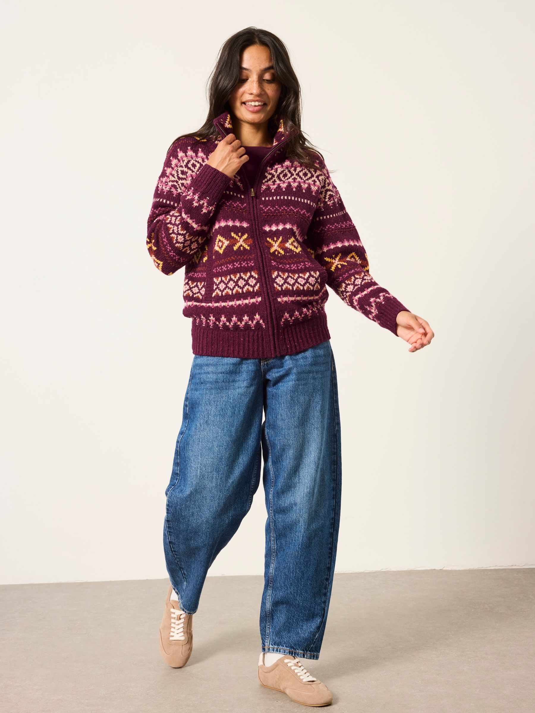 Burgundy Red Bonnie Knitted Pattern Zip Through Jacket - Image 5 of 7