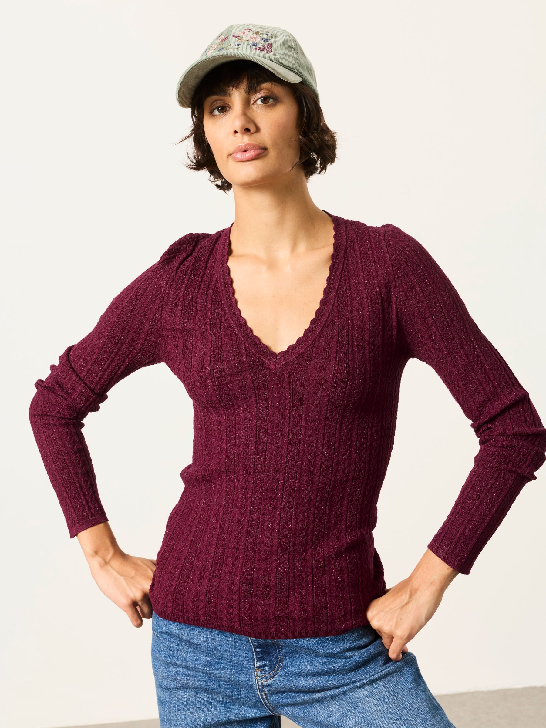 Mae Plum Purple Knitted Sparkle Vee Top - Image 3 of 5