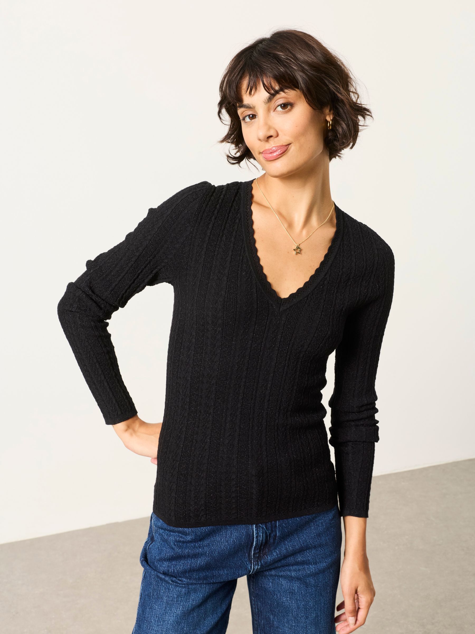 Mae Black Knitted Sparkle Vee Top - Image 1 of 5