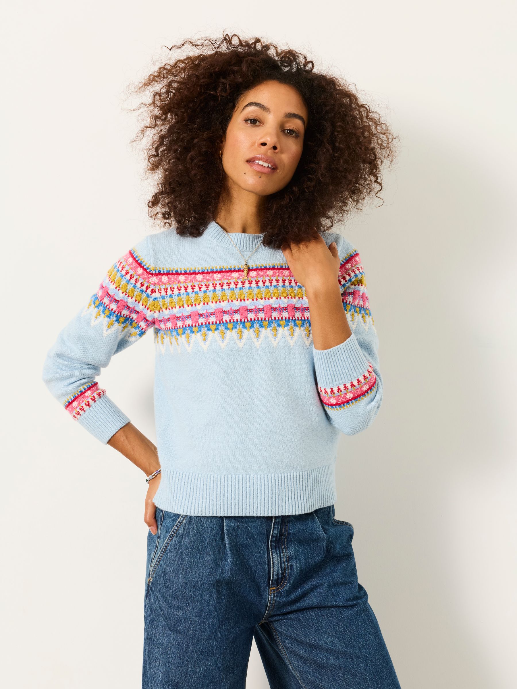 Pale Blue Knitted Fable Fairisle Crew Jumper - Image 1 of 5 Pale Blue Knitted Fable Fairisle Crew Jumper - Image 1 of 5