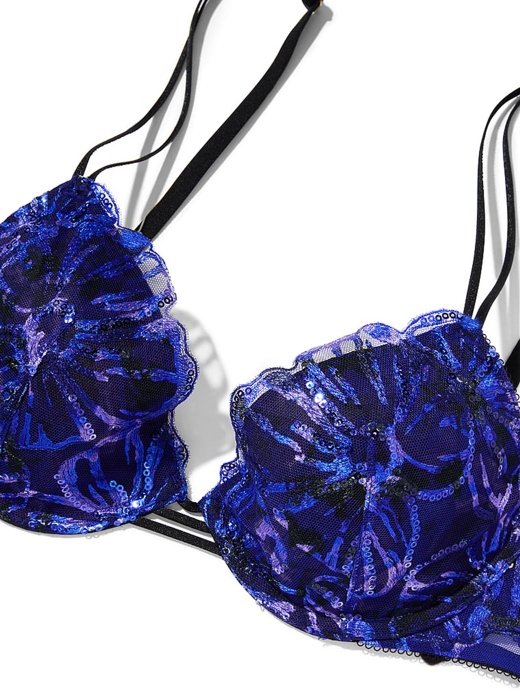 Floral Blue Lightly Lined Demi Sequin Embroidery Bra - Image 3 of 4