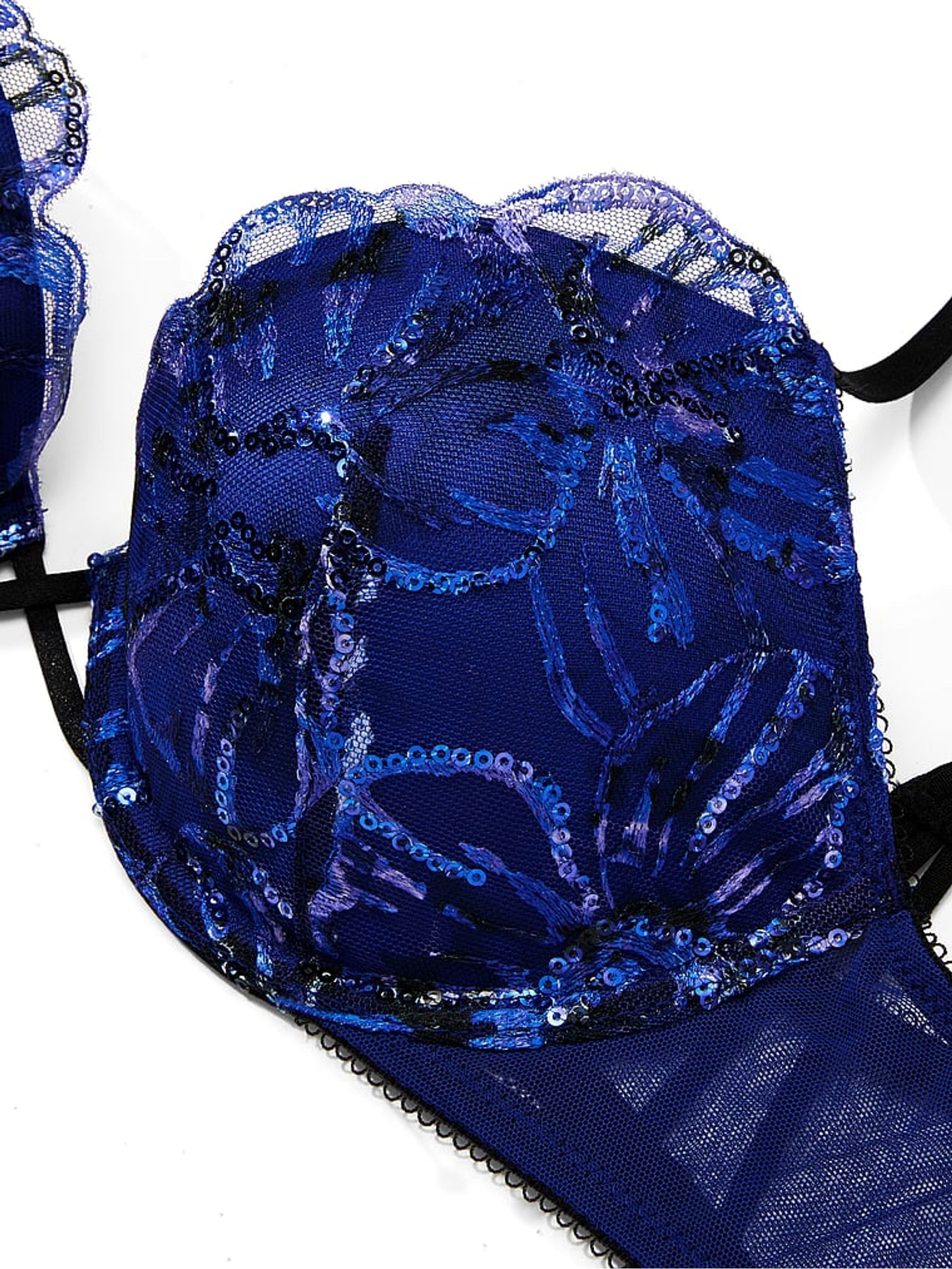 Floral Blue Push Up Sequin Embroidery Bra - Image 3 of 4