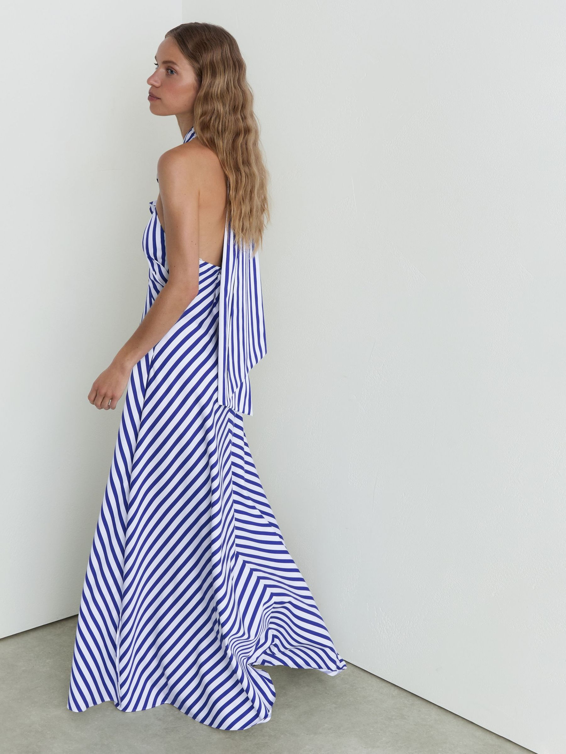 Reiss Striped Halterneck Ruffle Maxi Dress in Blue/Ivory