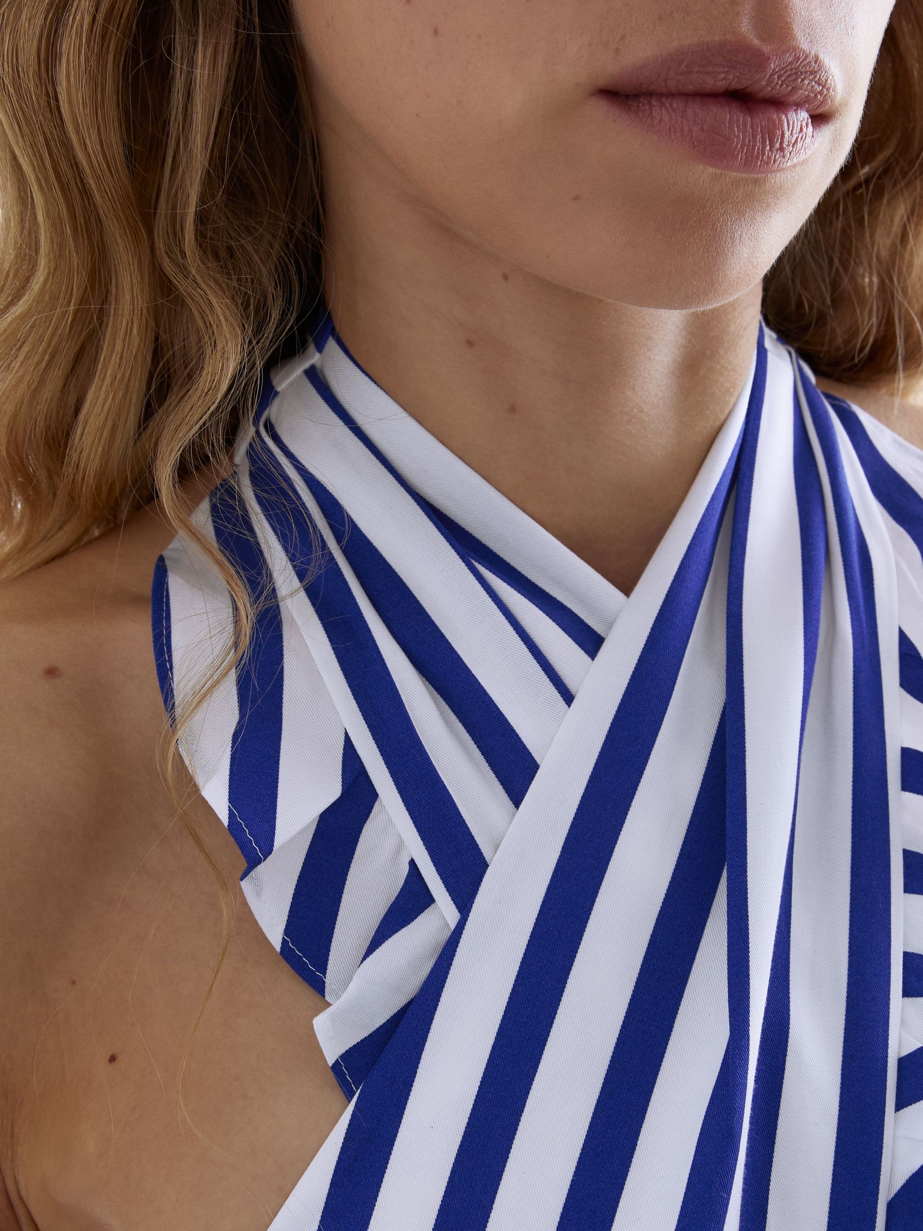 Striped Halterneck Ruffle Maxi Dress in Blue/Ivory - image 2