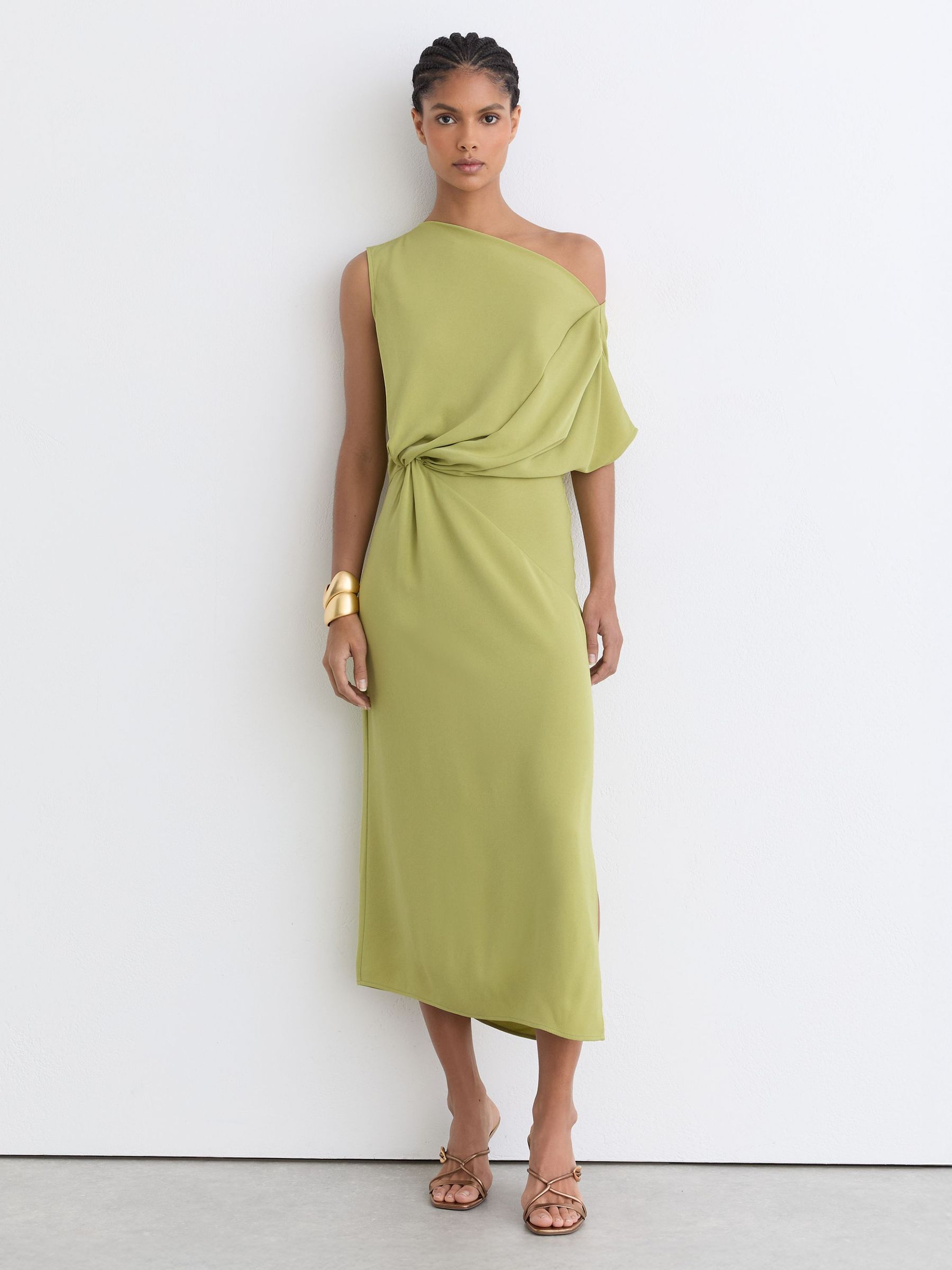 Off-Shoulder Tuck-Detail Midi Dress in Green - image 2